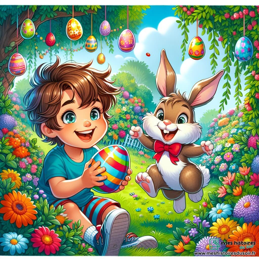 Un petit garçon de 6 ans nommé Maxime, avec des cheveux bruns en bataille et des yeux pétillants, est assis dans un jardin verdoyant, entouré de fleurs colorées. Il porte une chemise bleue et des shorts rayés, souriant en tenant un œuf en chocolat brillant. À côté de lui, un lapin de Pâques aux grandes oreilles et au pelage doux, avec un nœud papillon rouge, saute joyeusement en montrant un œuf coloré. Le jardin est rempli de fleurs éclatantes et d'un grand arbre décoré d'œufs suspendus. La scène illustre la chasse aux œufs de Pâques, où Maxime et le lapin découvrent des œufs cachés dans l'herbe, créant une atmosphère festive.