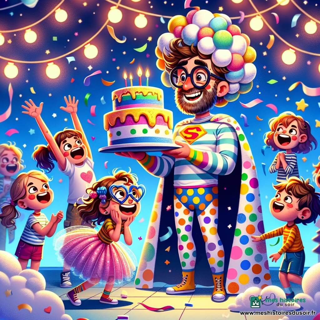 Un homme adulte, Super-Bidou, sourit au centre de la scène dans un costume à pois multicolores, une cape et des lunettes rondes. Ses cheveux en désordre sont ornés de plumes de marshmallow. À sa droite, une fillette de 8 ans, avec des cheveux bouclés et des lunettes en cœur, lève les bras en riant, entourée de plumes colorées. À gauche, un garçon de 9 ans, avec des cheveux bruns, tient un micro en plastique, prêt à chanter. La scène est un studio de télévision coloré avec des lumières, des décorations nuageuses et un gâteau factice fissuré libérant des plumes. Super-Bidou fait éclater un gâteau surprise, créant une ambiance festive et joyeuse, tandis que le public applaudit.