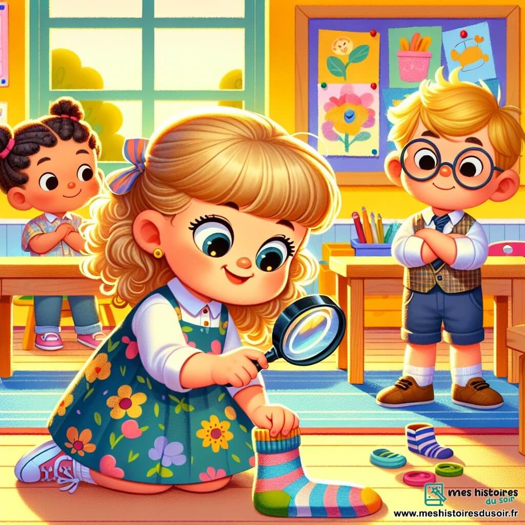 Zoé, une petite fille de 2 ans aux grands yeux brillants et cheveux bouclés, est agenouillée dans la classe, tenant une loupe et examinant une chaussette rayée sous la table. À côté d'elle, Léon, 3 ans, avec des cheveux blonds et des lunettes rondes, sourit malicieusement, tandis qu'Emma, 2 ans, avec des tresses et une robe à fleurs, regarde depuis un coin. La classe est colorée, avec des murs jaunes et des dessins d'enfants. Zoé cherche des indices sur la chaussette mystérieuse, tandis que ses amis l'observent, impatients de l'aider.