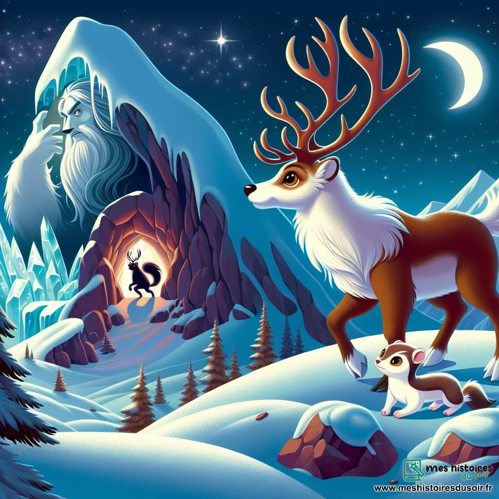 Un jeune renne nommé Alarik, au pelage brun et aux bois scintillants sous la lune, se tient au sommet d'une montagne enneigée, le regard déterminé. À ses côtés, sa fidèle amie Snø, une petite hermine au pelage blanc, bondit joyeusement. Le décor est une cime montagneuse où la neige brille sous un ciel étoilé, avec une grotte de glace illuminée par un cristal. Alarik est prêt à toucher le Cristal du Nord, symbole de sagesse, tandis qu'un grand ours majestueux l'observe avec respect.