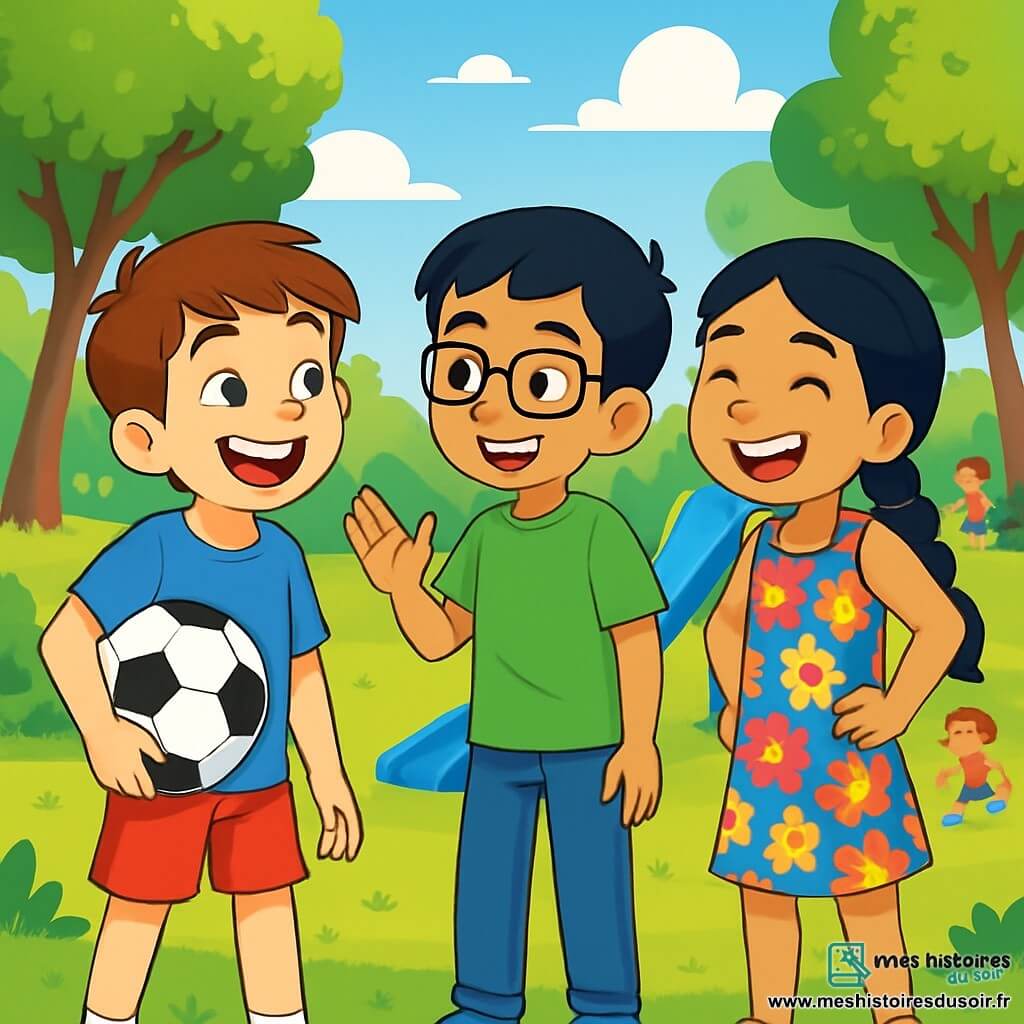 Il y a trois personnages : Hugo, un garçon de 10 ans avec des cheveux châtains, des yeux pétillants, un t-shirt bleu et un short rouge, qui rit en tenant un ballon de foot ; Sami, un garçon de 10 ans avec des cheveux noirs et des lunettes, portant un t-shirt vert et un jean, qui sourit amicalement à Aylin ; et Aylin, une fille de 10 ans avec une longue natte noire, vêtue d'une robe à fleurs et de sandales, qui rit avec les garçons. Ils se trouvent dans un parc ensoleillé, avec un grand toboggan bleu et des enfants qui jouent, créant une ambiance joyeuse. Les trois amis rient ensemble, Aylin tenant un yufka, tandis que Hugo et Sami l'encouragent à grimper sur le toboggan, entourés d'autres enfants curieux, illustrant la joie de l'amitié.