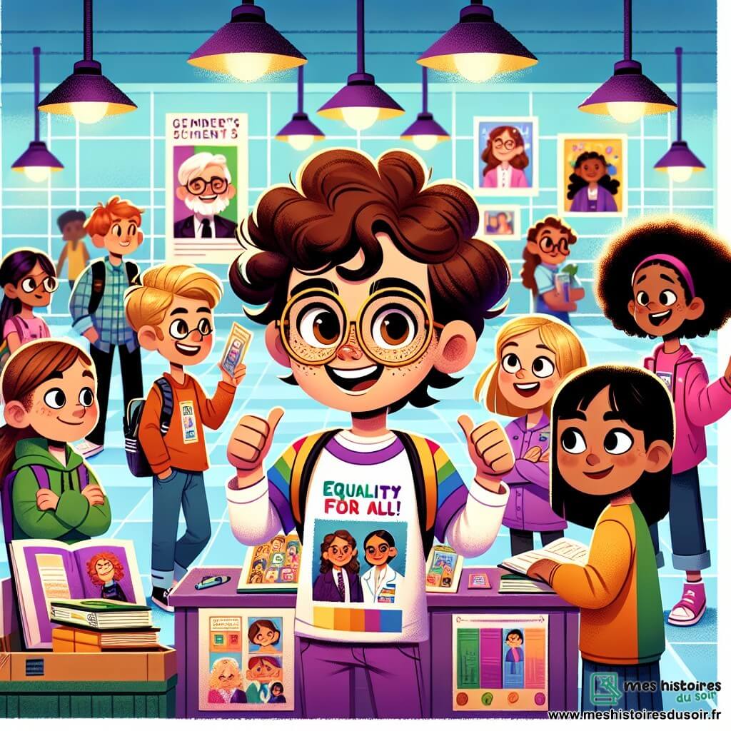 Léa, 11 ans, se tient au centre de l'image avec des cheveux bruns bouclés et des lunettes rondes, portant un T-shirt « L’égalité, c’est pour tous ! » et souriant. À ses côtés, Émilie, également 11 ans, l'encourage avec un pouce levé, vêtue d'un sweat à capuche violet. Sam, un garçon de 11 ans aux cheveux blonds, feuillette un livre sur les droits des femmes. L'environnement est un hall d'école lumineux, décoré d'affiches sur l'égalité des genres, où des élèves curieux se déplacent. Léa et ses amis expliquent passionnément l'importance de l'égalité des genres à un groupe d'élèves captivés, créant une ambiance joyeuse et dynamique.