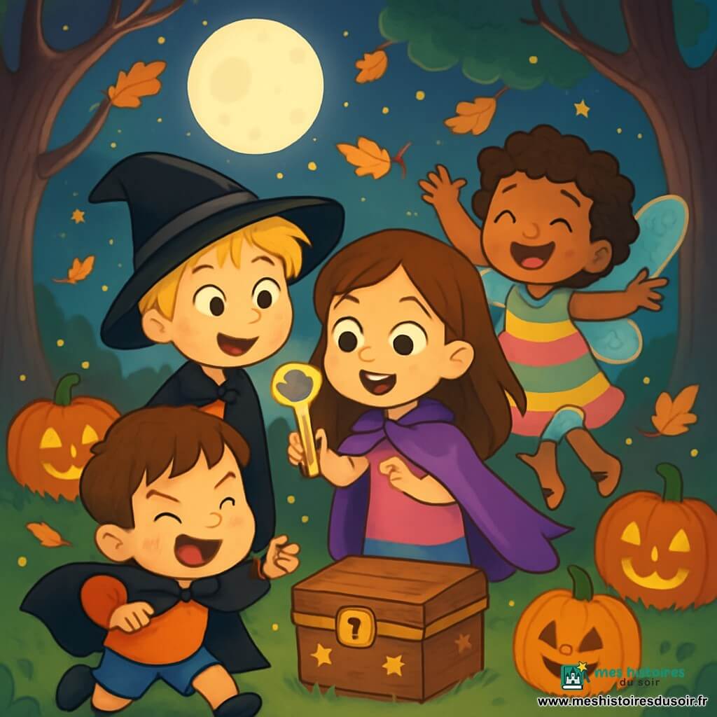 Quatre enfants se trouvent dans un parc mystérieux éclairé par la lune. Léa, 6 ans, a de longs cheveux bruns, des yeux pétillants et porte une cape violette, tenant une clé brillante. Max, également 6 ans, a des cheveux blonds en bataille, un grand sourire, un chapeau pointu noir et un costume de sorcier, et regarde la clé avec curiosité. Sofia, 6 ans, avec des cheveux bouclés et des ailes pailletées, porte une robe colorée et lève les bras comme si elle voulait voler. Hugo, 6 ans, a des cheveux châtains, un petit nez retroussé, une cape noire et fait une grimace amusante en dansant. Ils découvrent la clé magique au milieu de citrouilles souriantes, de feuilles dorées et orange, et de lucioles scintillantes, émerveillés et riant ensemble, prêts à explorer le mystère de la nuit d'Halloween.