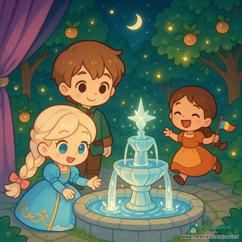 Jeune princesse souriante aux longs cheveux blonds platine tressés avec rubans rose pastel, robe bouffante bleu ciel brodée d’or, touche une fontaine de cristal brillante; un prince adolescent châtain clair en veste courte verte la soutient en souriant; une fillette villageoise rieuse en robe orange court autour de la fontaine avec un petit drapeau; tout se passe dans un jardin secret nocturne aux arbres fruitiers dorés, allées pavées et lucioles dorées; ambiance douce, lumineuse et joyeuse, style chibi aux couleurs pastel et éclairage de lune.