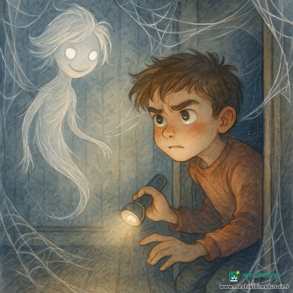 Alexis, garçon de 10 ans aux yeux curieux et aux cheveux bruns en bataille, accroupi devant une vieille armoire entrouverte, tient une petite lampe qui éclaire son visage d’un halo chaud tandis qu’il tend la main vers une poignée minuscule, visage tremblant mais déterminé ; une créature translucide composée de fils soyeux argentés, aux “yeux” perles lumineuses et au sourire doux et mystérieux, flotte à quelques pas, attirée par la lampe ; plusieurs toiles d’araignée épaisses et brillantes pendent du plafond et s’enroulent autour de l’armoire dont le double-fond révèle des toiles lumineuses scintillantes ; la chambre est petite et poussiéreuse, murs aux papiers fanés, sol en planches sombres ; la scène montre Alexis découvrant la pièce secrète, la lampe projetant des ombres longues et les fils argentés flottant comme des rubans dans une atmosphère à la fois inquiétante et magique, palette aquarelle pastel (bleu nuit, gris perle, beige) avec contrastes chauds autour de la lampe et touches blanches pour les reflets, composition serrée à hauteur d’enfant, focalisée sur les mains d’Alexis, la poignée et le visage de la créature.