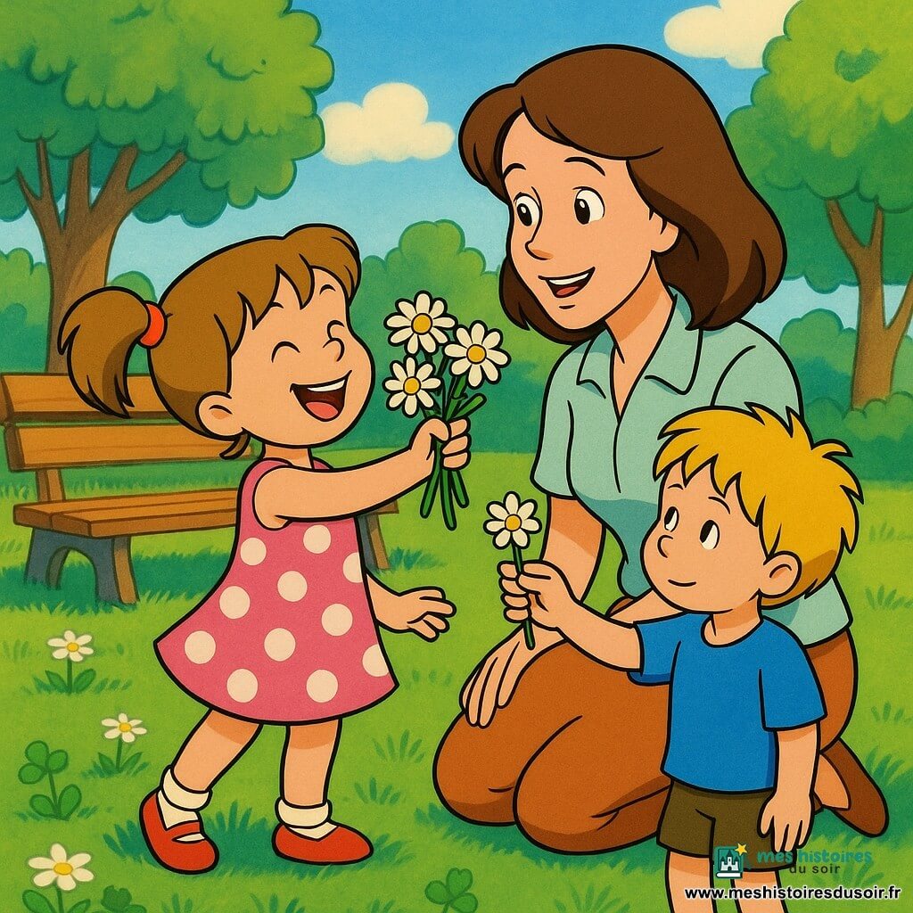Zoé, 6 ans, rayonnante en robe rose à pois et couettes, tend un petit bouquet de pâquerettes à sa maman d'une trentaine d'années qui, agenouillée et émue, reçoit les fleurs ; Timothée, 6 ans, timide mais souriant en T‑shirt bleu, offre une pâquerette à côté d'eux dans un parc ensoleillé au matin, ambiance chaleureuse et couleurs vives.