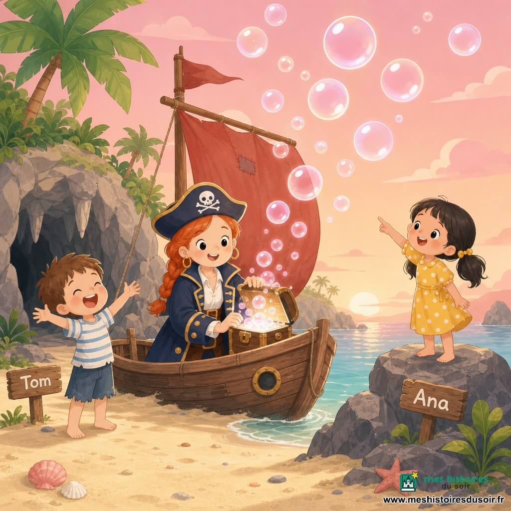 Une femme pirate souriante aux cheveux roux en tresse et grand manteau bleu ouvre doucement une petite boîte en bois brillante sur le pont; des bulles lumineuses roses et blanches, translucides, s'élèvent vers un ciel rose de coucher de soleil, créant une ambiance douce et joyeuse. À gauche, Tom, environ 8 ans, pieds nus sur le sable, rit en voyant les bulles; à droite, sur un rocher, Ana, environ 9 ans, cheveux noirs en couettes et robe jaune à pois blancs, pointe l'horizon. Le décor est une petite baie à plage de sable blond, palmiers aux larges feuilles, une grotte à l'entrée avec stalactites lisses et en arrière-plan un bateau en bois à voile rouge.