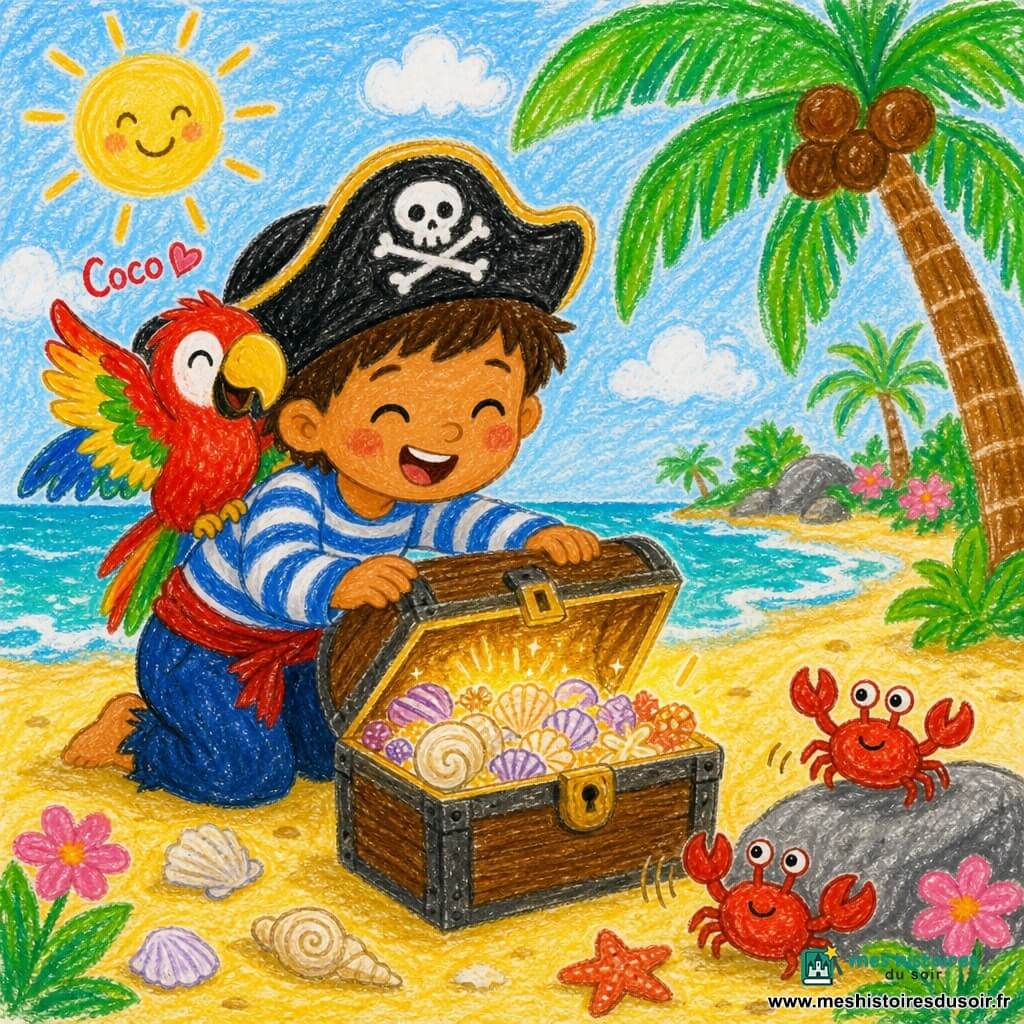 Un garçon-pirate souriant aux yeux rieurs et joues roses, grand chapeau noir et chemise rayée bleue, agenouillé sur le sable en train d'ouvrir un coffre en bois; un perroquet coloré (plumes rouges, vertes et jaunes) perché sur son épaule droite, ailes mi-ouvertes, regardant le coffre; quelques petits crabes rouges près d'une roche tapotant le sable; plage de sable jaune doux, eau turquoise, palmiers verts avec noix de coco, petites fleurs roses et coquillages blancs dispersés; scène principale : le pirate et le perroquet découvrent un coffre ouvert rempli de coquillages brillants qui tintent, lumière chaude et douce, ambiance joyeuse et sécurisante, traits simples et couleurs vives, style enfantin au crayon.