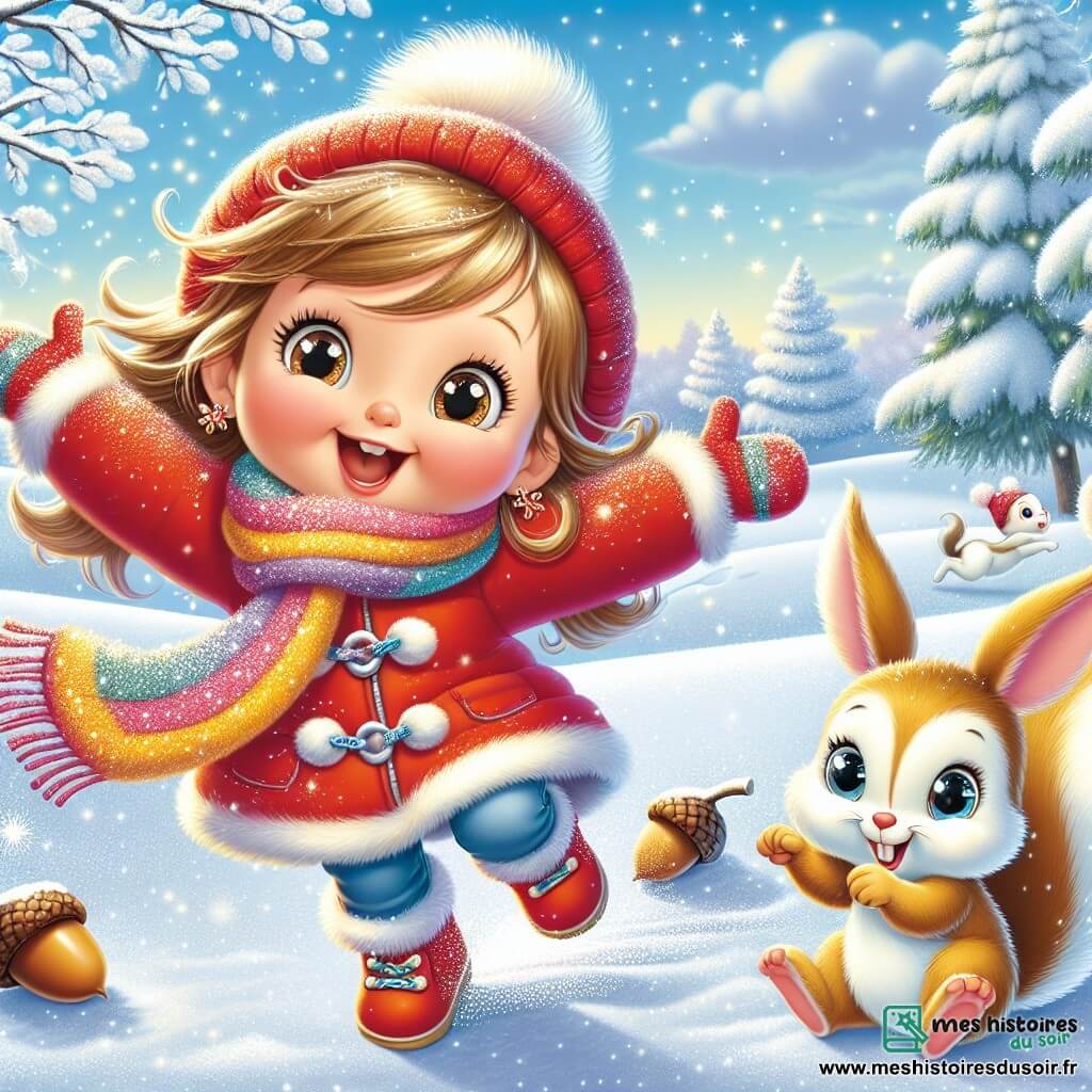 Lila, une petite fille de 4 ans aux grands yeux brillants et joues roses, porte un manteau rouge, une écharpe moelleuse et des gants colorés. Elle saute de joie dans la neige, souriante, les bras levés. À côté, un écureuil brun grignote une noisette, amusé par Lila, tandis qu'un petit lapin blanc nommé Loulou s'apprête à bondir dans la neige. Le décor est un jardin d'hiver enchanteur avec des arbres couverts de neige scintillante et un sol blanc. Au loin, une colline douce invite à la glisse sous un ciel bleu clair. La scène montre Lila, l'écureuil et Loulou jouant ensemble dans la neige, riant et s'amusant, tandis que des flocons tombent doucement, créant une atmosphère magique.
