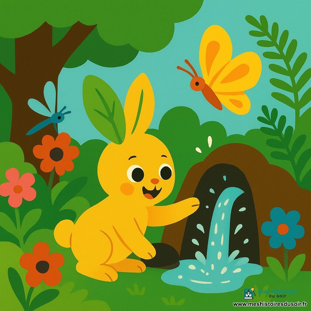 Noisette, un petit lapin au pelage doré et aux grandes oreilles vert tendre, pose sa patte sur un rocher qui s’entrouvre tandis qu’un papillon jaune aux ailes translucides le guide et qu’une libellule bleue observe; derrière le rocher jaillit une source d’eau claire scintillante en clapotis joyeux au cœur du Bois Arc-en-ciel, tapis de mousse et fleurs rouges, roses et bleues, grand chêne et fougères formant un tunnel, le tout baigné d’une lumière douce et joyeuse lors de la découverte magique.