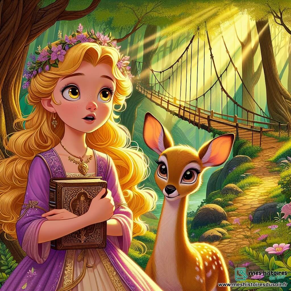 La princesse Alia, une jeune fille d'environ 12 ans, se tient au centre de l'image avec des cheveux dorés et une robe lavande ornée de fleurs. Son visage exprime détermination et émerveillement alors qu'elle tient un ancien livre en cuir, les yeux pétillants d'excitation. À ses côtés, Lumo, un faon aux yeux scintillants, l'observe avec encouragement, prêt à l'accompagner dans son aventure. La scène se déroule dans la Forêt des Murmures, sous un dôme naturel formé par de grands arbres aux feuilles vertes et dorées. Des rayons de lumière illuminent un chemin sinueux recouvert de fleurs sauvages et de mousse. Alia, curieuse et brave, s'apprête à franchir un pont suspendu au-dessus d'un ravin, symbolisant son passage vers l'inconnu. L'atmosphère est magique, remplie de mystère et d'aventure, invitant à plonger dans ce conte enchanteur.