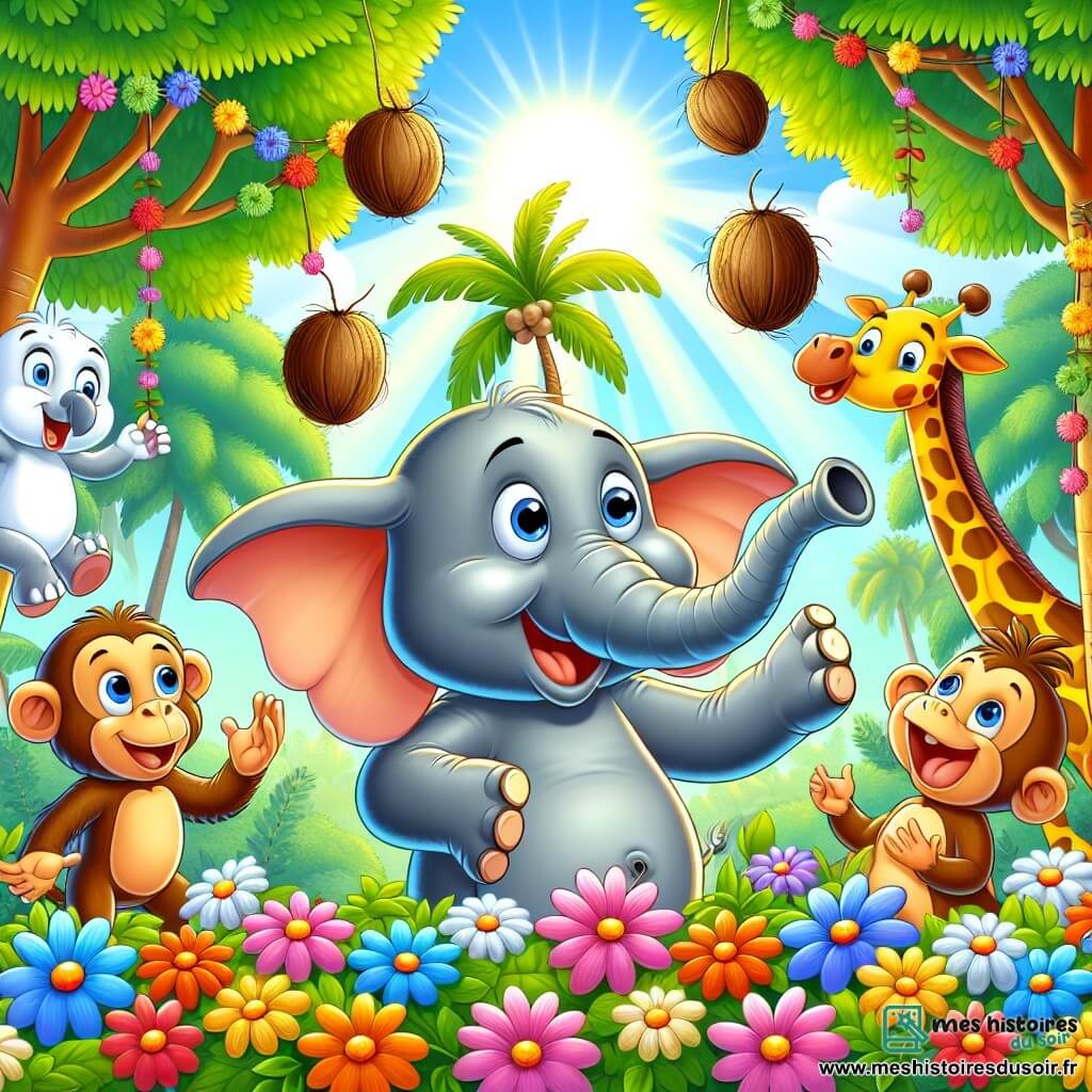 Un éléphant joyeux nommé Édouard se tient au centre d'une jungle colorée, jonglant avec des noix de coco. À sa droite, Gigi, une girafe, accroche des guirlandes de fleurs, tandis qu'à sa gauche, Bobo, un singe espiègle, grimpe à un arbre en lançant une noix de coco. La scène représente une fête joyeuse où tous les animaux s'amusent ensemble, créant une atmosphère de rires et de camaraderie.