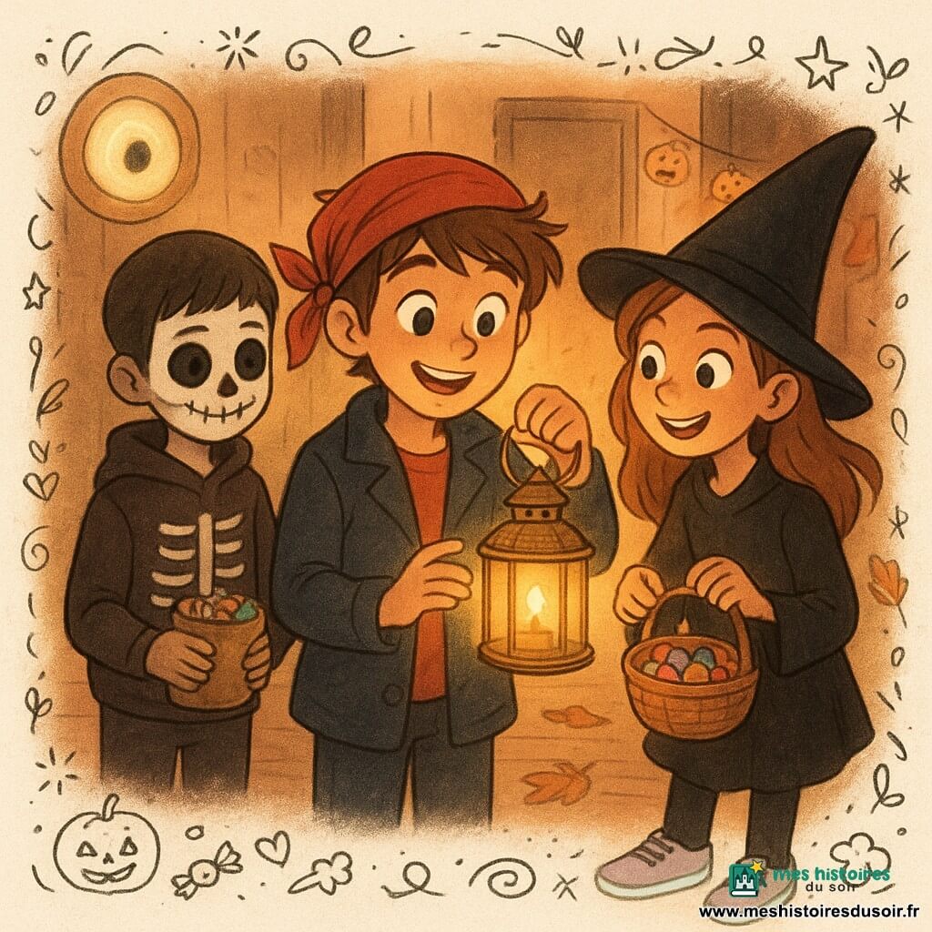 Trois enfants d'environ 12 ans dans le hall d'une vieille maison : Franc, souriant et émerveillé, cheveux châtains en bataille, bandeau de pirate rouge de travers et veste marine, tient une lanterne métallique dorée qui éclaire son visage ; à sa droite Lila, énergique et malicieuse, chapeau de sorcière noir moderne et baskets lumineuses, tient un petit panier de bonbons et regarde la lanterne avec impatience ; légèrement en retrait à gauche Noé, timide mais content, maquillage de squelette discret, tient un sachet de bonbons. La lanterne diffuse une lumière chaude et dorée créant une atmosphère douce et magique de partage, le hall aux lampes rondes jaunes, sol en bois poli et murs aux tons chauds, feuilles mortes et guirlandes de citrouilles visibles à travers la porte entrouverte, couleurs automnales riches (orange, ocre, bordeaux), textures de bois et métal, petites illustrations doodle superposées (étoiles, citrouilles, bonbons).