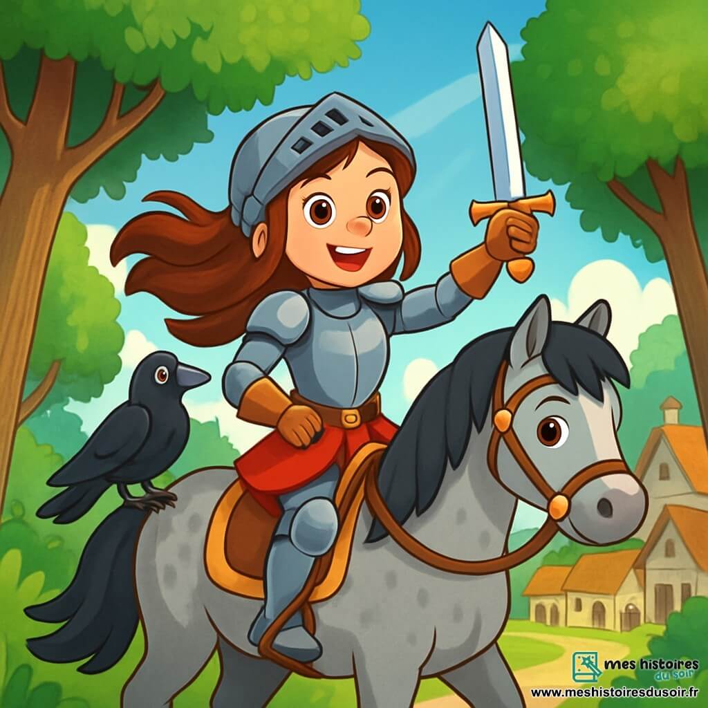 Dame Isabeau, jeune chevaleresse, se tient fièrement sur son destrier gris, son armure scintillante au soleil. Ses longs cheveux bruns volent au vent et son visage exprime une détermination courageuse. Elle brandit son épée, prête à partir à la recherche de la Fleur d’Argent. À ses côtés, un corbeau noir, messager du roi, observe les environs. En arrière-plan, un village paisible se dessine, avec des maisons en pierre. La scène se déroule à l'orée de la forêt d’Émeraude, où des arbres majestueux créent une atmosphère magique. Dame Isabeau, prête à s'élancer dans l'aventure, est déterminée à sauver son royaume de la malédiction, encouragée par le regard du corbeau.
