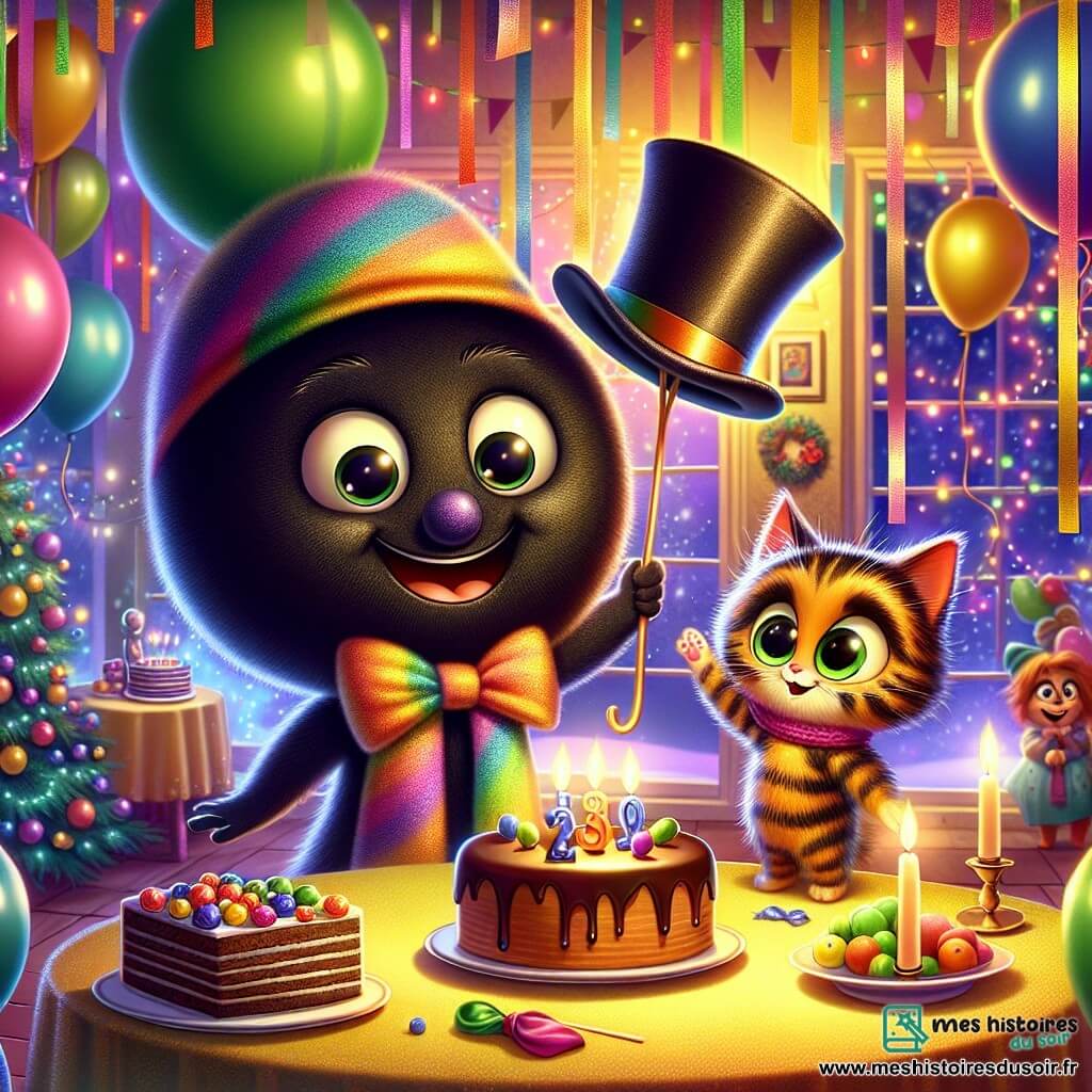 M. Chapeau, un chapeau en feutre noir, sourit joyeusement au centre de la scène, entouré de ballons colorés. À ses côtés, M. Écharpe est enroulé autour d'un petit chat curieux aux yeux brillants. La scène se déroule dans une salle chaleureuse décorée de guirlandes scintillantes et de ballons, avec une grande table de gâteaux au chocolat et de fruits. M. Chapeau et M. Écharpe préparent une fête surprise pour le Nouvel An, tandis qu’Emma et sa famille entrent, surpris par cette célébration.