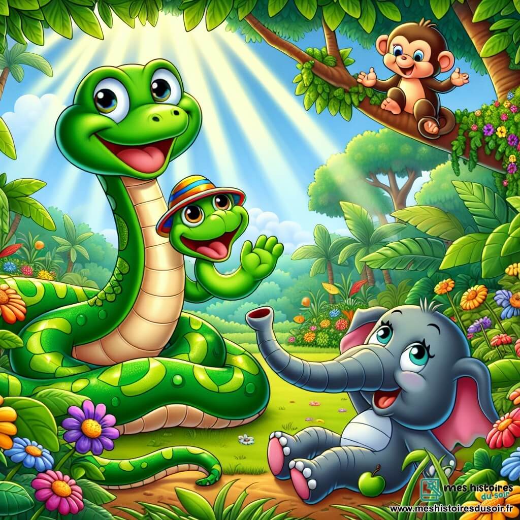 Un serpent vert vif, nommé Sam, est allongé sur le sol de la jungle avec un grand sourire. Ses écailles brillent au soleil et il porte un chapeau coloré. À côté de lui, une grenouille verte, Lili, saute avec enthousiasme, ses yeux pétillants de malice. Un singe espiègle, Marco, est perché sur une branche, tenant une banane et riant en regardant Sam. Plus loin, une éléphante grise, Zoé, arrose des fleurs avec sa trompe, souriant à la scène. La jungle est luxuriante, remplie de grandes feuilles et de fleurs éclatantes. Sam cherche son chapeau perdu, entouré de ses amis qui rient, créant une atmosphère joyeuse.