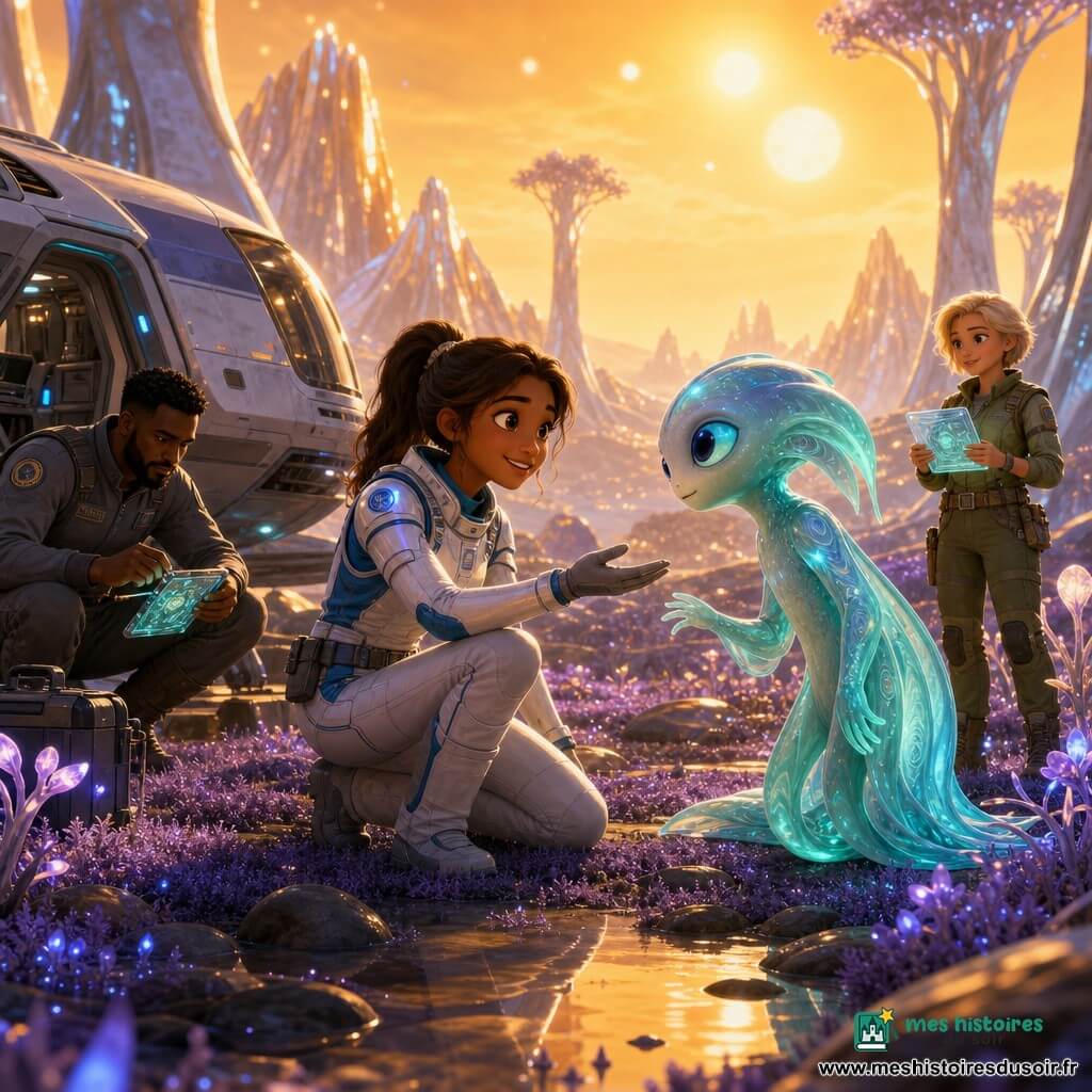 Lila, femme souriante aux cheveux bruns en queue de cheval, en combinaison spatiale blanche et bleue, tend la main doucement vers une créature locale; Max, homme ~35 ans à la barbe courte en tenue technique grise, répare une tablette lumineuse à gauche; Elara, femme ~32 ans aux cheveux blonds courts en tenue de terrain verte, prend des notes sur un carnet holographique à droite; un Kylarien non humain à peau turquoise légèrement translucide et luminescente, grands yeux ovales, s'incline avec curiosité; sol couvert de mousses violettes et de fleurs bioluminescentes, arbres au tronc argenté sous un ciel doré, montagnes lointaines scintillantes; premier plan avec rochers lisses et flaques réfléchissantes, particules de poussière lumineuse, deux soleils; scène de premier contact pacifique sur Kylara, ambiance chaleureuse et magique, éclairage doux, composition centrée sur la rencontre, style animation 3D avec rendu doux, textures lisses, visages expressifs et palette or-turquoise-violet.