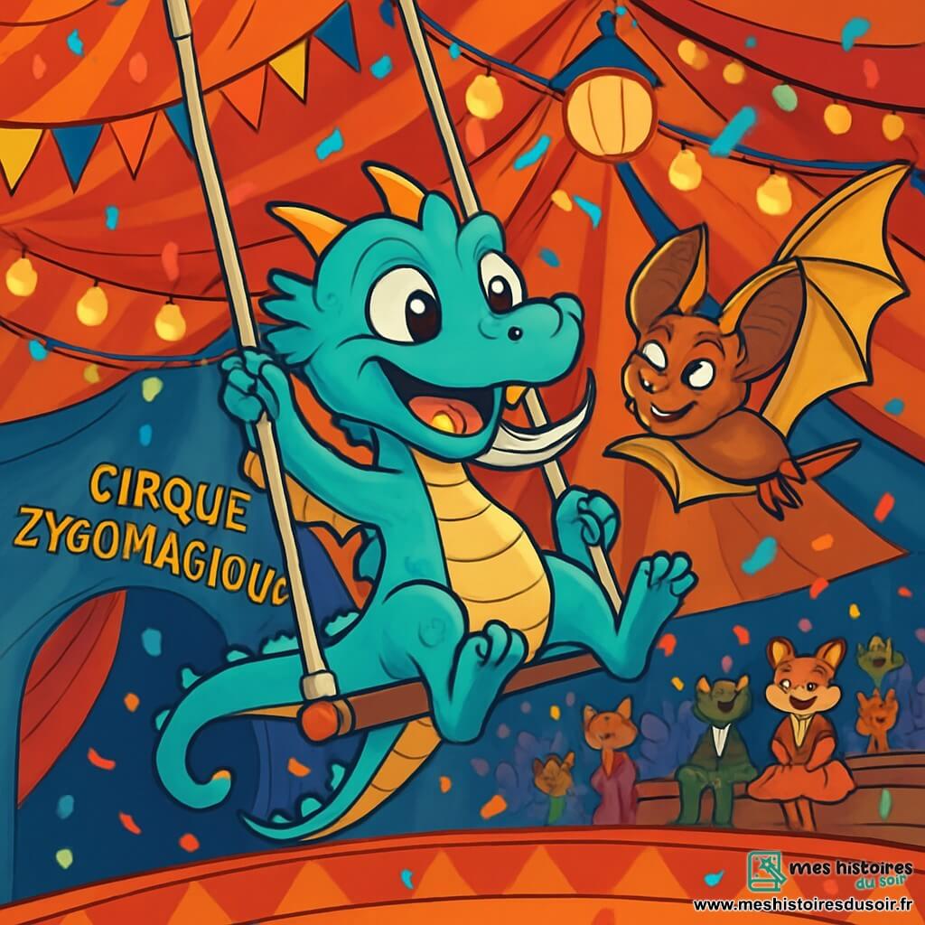 Lirio, un petit dragon aux écailles turquoise avec des moustaches argentées et des yeux pétillants, se balance sur un trapèze, prêt à exécuter un saut spectaculaire. À ses côtés, Zéphira, une chauve-souris aux ailes dorées, l'encourage avec admiration. Le chapiteau du Cirque Zygomagique est immense, coloré et rempli de lanternes scintillantes et de spectateurs animés, comme des grenouilles en smoking et des renards en tutu, tous captivés par le spectacle. Lirio s'apprête à réaliser son premier grand saut dans une atmosphère magique, tandis que des confettis multicolores flottent dans l'air.