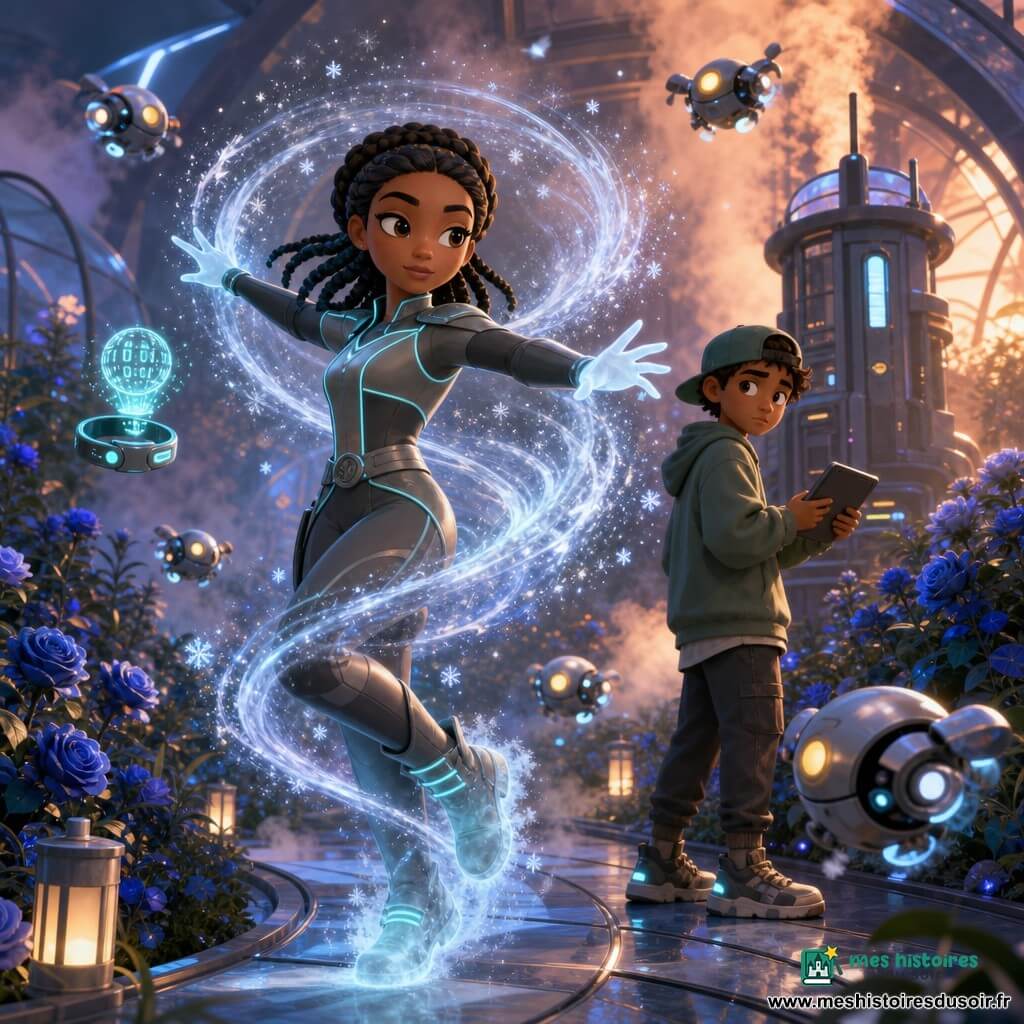 Lyra Vortex, héroïne au regard déterminé et serein, visage ovale et tresses en couronne, en combinaison grise à lignes turquoise et bottes soufflant du froid, tourne sur elle‑même mains ouvertes pour créer un vortex de glace entouré de particules scintillantes ; l’IA Daz, petit bracelet holographique turquoise projetant une sphère flottante et affichant des symboles numériques, clignote à ses côtés pour assister la manœuvre ; Nino, garçon d’environ 12 ans en casquette à l’envers et sweat trop grand, a l’air coupable mais résolu, tient une tablette derrière Lyra en regardant une borne-relais ; la roseraie Zéphyr, jardin moderne aux allées en verre recyclé, arches métalliques, brumisateurs et roses bleu nacré avec lampes et micro‑lucioles mécaniques, est survolée par petits drones-jardiniers ronds à coques brillantes, certains ralentis par le froid ; Lyra protège Nino et désactive une borne-relais cachée dans un rosier de verre, scène tendue et héroïque aux forts contrastes entre vapeur chaude orange et givre bleu pâle.