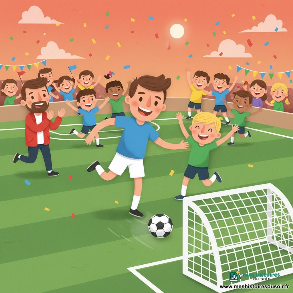 Max, joie fière, cheveux bruns courts, t-shirt bleu et short blanc, frappe doucement un ballon noir et blanc qui glisse dans le filet; à droite Lucas, ~10 ans, blond, maillot vert, saute de joie bras levés; à gauche l'entraîneur d'environ 35 ans, barbe courte, veste rouge, applaudit; en arrière-plan plusieurs coéquipiers de 8–11 ans courent et s'embrassent, parents souriants dans les tribunes, quelques drapeaux; décor en papier découpé: grand terrain vert à herbe en bandes, lignes blanches, but blanc en filet ajouré, ciel orange-rose de crépuscule avec lune, confettis en papier; composition centrée sur Max et le but, couleurs vives et mouvements exagérés.