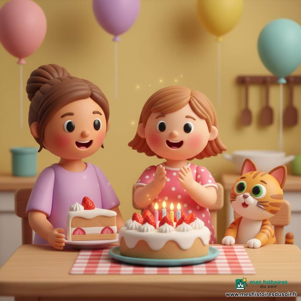 Petite fille de 2 ans, joyeuse, cheveux courts châtain clair, robe rose à pois blancs, applaudissant en regardant un gâteau rond à la crème blanche garni de fraises et de petites bougies allumées; sa mère d'environ 30 ans, cheveux bruns attachés, souriante, tient une part de gâteau à gauche; un chat tigré orange et blanc nommé Minou, yeux verts, se dresse sur ses pattes arrière à droite, curieux; cuisine aux murs jaune doux, table en bois clair avec nappe à carreaux rouges et blancs et ballons pastel au plafond; lumière douce, palette vive, ambiance joyeuse et calme, composition centrée sur la fillette et le gâteau.
