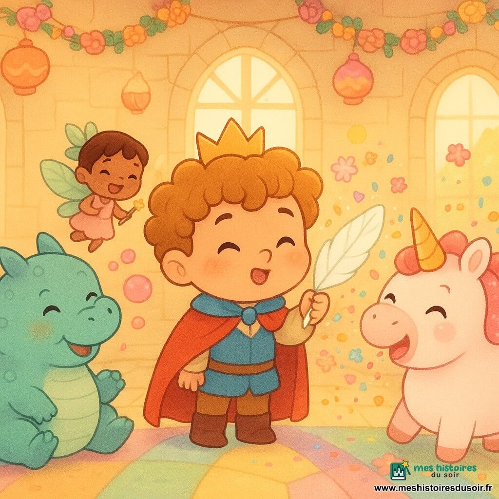 Un petit prince rond aux cheveux bouclés miel, sourire aux lèvres, souffle sur une plume magique blanche entouré de ses amis : la minuscule fée Fadounette aux ailes menthe et robe rose, Grobidon le dragon dodu aux écailles bleu-vert qui souffle des bulles roses, et Popoponne la licorne ronde à crinière à pois roses et corne scintillante qui éternue des confettis; ils se tiennent dans un grand salon de château rond aux murs crème, guirlandes de fleurs et lampions en sucre, sol en dalles arc-en-ciel et grandes fenêtres dorées; de la plume jaillissent poussières brillantes, bulles, fleurs et confettis qui emplissent l'air tandis que tous rient, yeux plissés et joues rouges, dans une ambiance joyeuse et colorée.