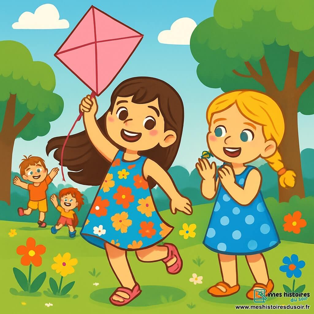 Une petite fille de 6 ans, Ella, avec de longs cheveux bruns et des yeux pétillants, danse en souriant. Elle porte une robe colorée à fleurs et des sandales roses, tenant un cerf-volant en papier rose. À côté d'elle, Lila, également âgée de 6 ans, aux cheveux blonds et tressés, applaudit, vêtue d'une robe bleue à pois. Elles se trouvent dans un jardin verdoyant, rempli de fleurs et d'arbres sous un ciel bleu clair, s'amusant ensemble avec d'autres enfants qui jouent et rient, créant une ambiance joyeuse.