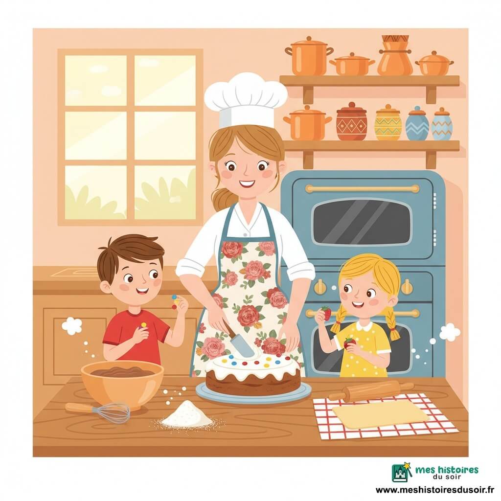 Chef Clara souriante, cheveux châtain clair en chignon et toque blanche, porte un grand tablier à fleurs et étale de la crème sur un gâteau rond; à gauche Léo, 7 ans, t-shirt rouge, place des smarties, à droite Zoé, 6 ans, en robe jaune et couettes, tient une fraise prête à la poser. La cuisine chaleureuse et colorée a des murs pêche, étagères en bois avec pots en cuivre, bocaux d’épices peints, un four rétro bleu et une fenêtre ensoleillée; sur la table en bois clair se trouvent bol de pâte, fouet, farine saupoudrée, rouleau et bandes de pâte sur un torchon à carreaux. Atmosphère joyeuse et animée, lumière douce du matin, petites volutes de farine, expressions complices, style simple et lisible avec formes nettes et couleurs contrastées, adapté à un enfant de 4 ans.