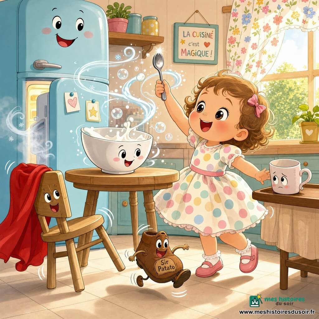 Lili, fillette de 2 ans aux yeux ronds et brillants, sourit émerveillée dans une robe à pois pastel en faisant tournoyer une cuillère brillante comme une baguette qui crée des bulles de lait et des petites étincelles; un bol blanc au visage joyeux posé sur la table semble parler, une chaise en bois avec une petite cape rouge accrochée au dossier semble danser, une tasse timide sur un plateau à droite la regarde, le chausson "Sir Patato" marron saute près de ses pieds en faisant des pas, et un frigo souriant bleu pâle à l'arrière-plan laisse échapper un souffle froid; cuisine lumineuse aux sols carrelés crème et table en bois clair, lumière douce du matin par une fenêtre à rideau fleuri, ambiance bande dessinée douce aux couleurs pastels, traits ronds, silhouettes claires et contrastes doux.