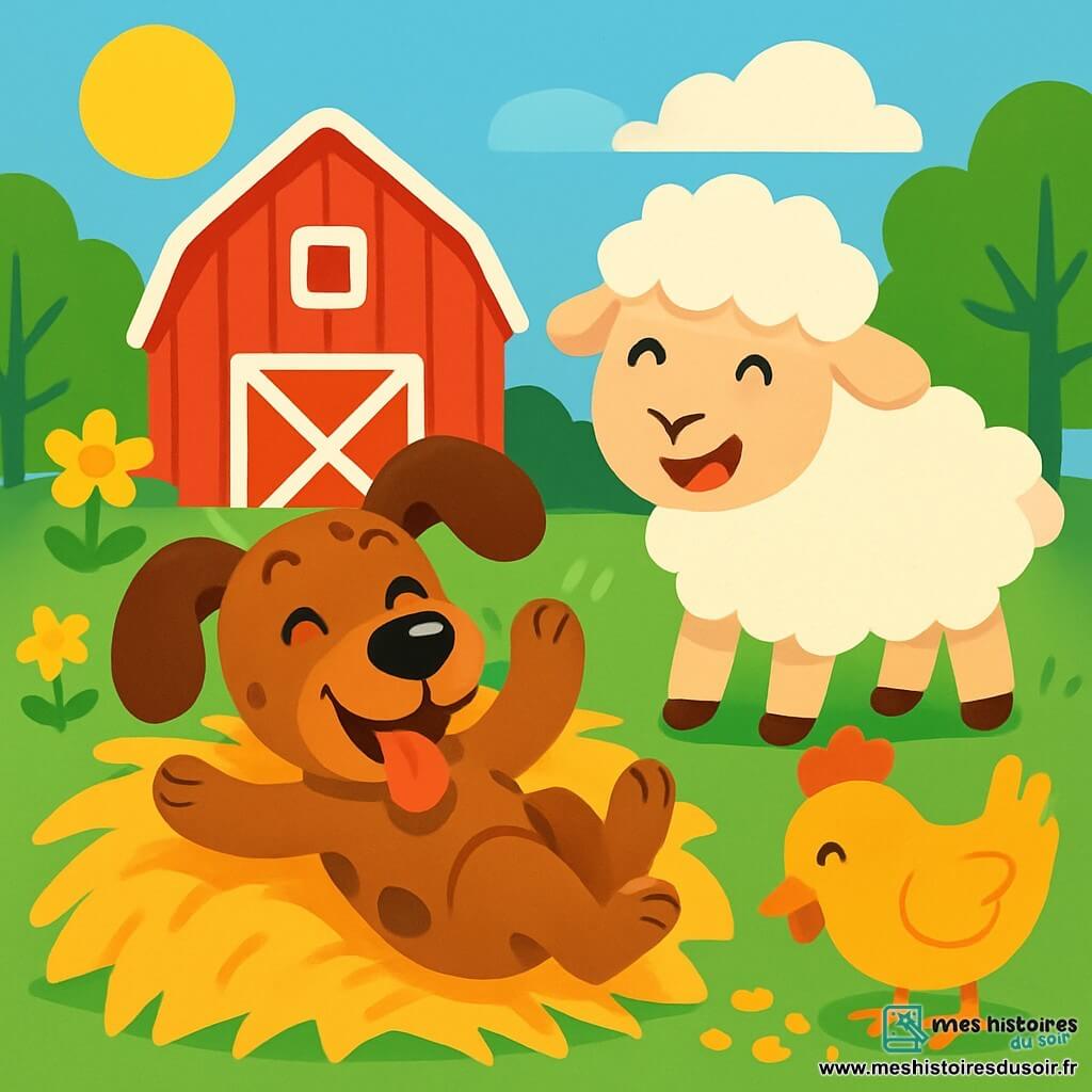 Un chien joyeux nommé Polo, avec de grandes oreilles, une truffe noire et un pelage brun tacheté, se roule dans un tas de foin, les yeux pétillants et la langue tirée. À côté de lui, Léon le mouton, doux avec sa laine blanche, se tient debout en riant, tandis que Mimi la poule, avec ses plumes dorées, picore des grains de maïs en les observant. En arrière-plan, la ferme est colorée : une grange rouge, des fleurs jaunes et des arbres verts sous un ciel bleu. La scène montre Polo, Léon et Mimi s’amusant ensemble dans le foin, créant une ambiance joyeuse.