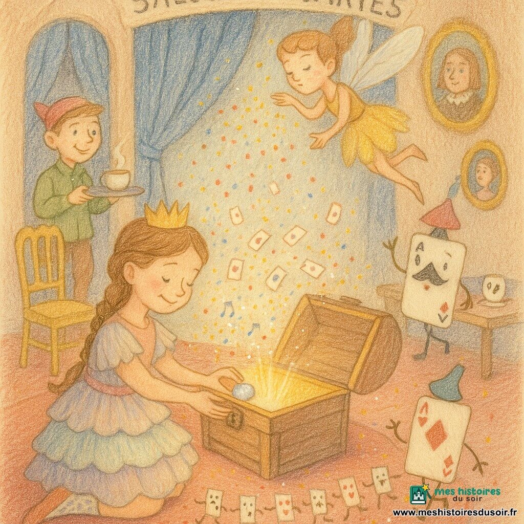 La princesse Capucine, agenouillée, pose une petite pierre lumineuse dans un grand coffre ouvert; à sa droite l’As de Pique, timide mais fier, chapeaumé de pétales et moustachu en papier, danse légèrement; perché sur une table près du coffre, le Deux de Carreau, sérieux, compte à voix haute; la Fée Friponne flotte au-dessus en soufflant des paillettes dorées; à gauche un petit lutin serveur sourit en tenant un plateau avec une tasse tiède; la Salle des Cartes, chaleureuse, a des rideaux bleu myrtille, chaises dorées, tapis rouge et portraits clignotants; du coffre émane une lumière douce et une danse ordonnée et joyeuse de cartes en file, confettis et paillettes créent une ambiance cosy et animée.