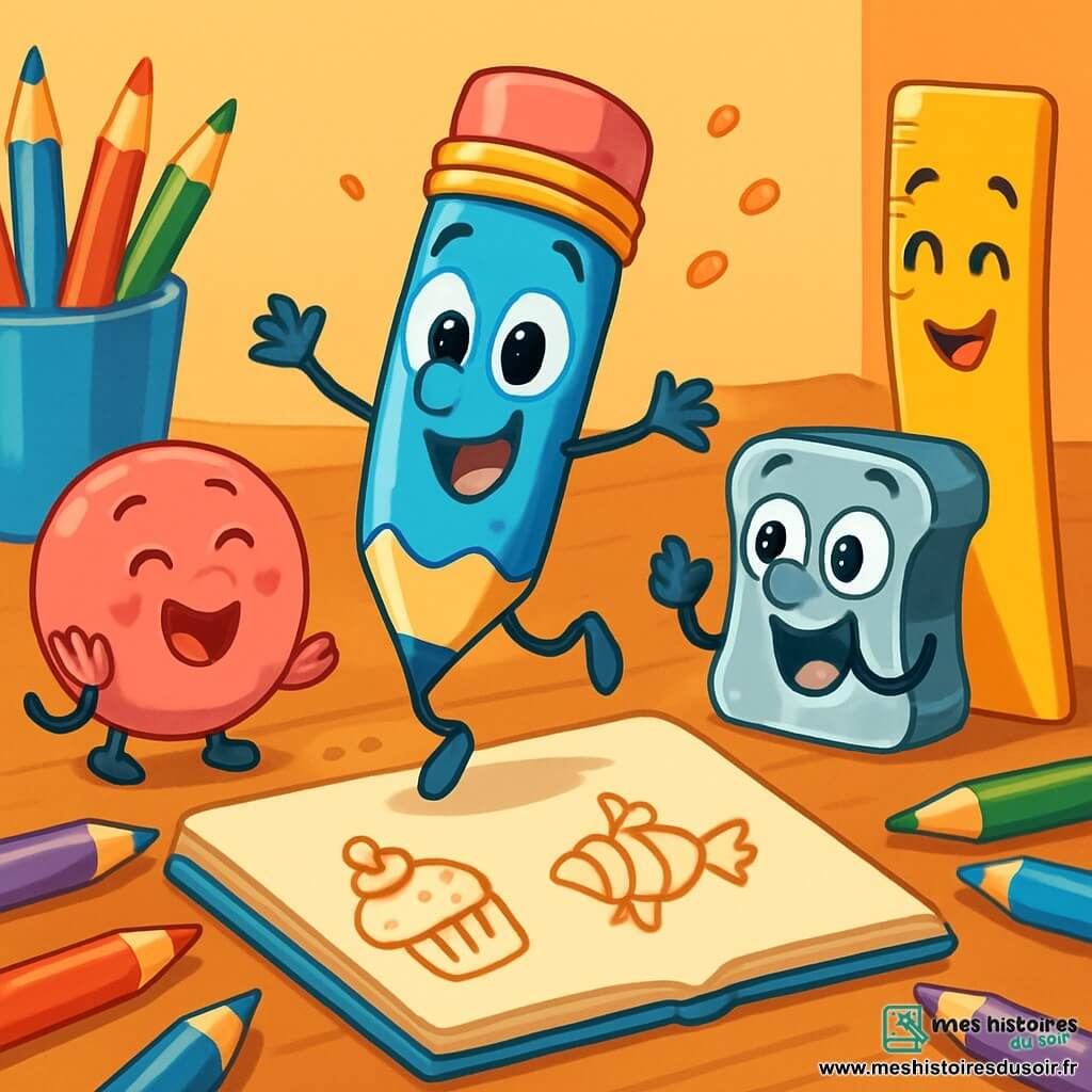 Gribou, un petit crayon bleu souriant, danse joyeusement sur une table en bois, tandis que la gomme rose rit en essayant d'attraper des miettes invisibles. Le taille-crayon en métal applaudit, près de la règle sérieuse qui sourit malicieusement. La scène colorée est remplie de crayons, feutres et un carnet ouvert avec des dessins de gâteaux. Gribou danse au centre, entouré de ses amis, dans une ambiance festive et joyeuse.