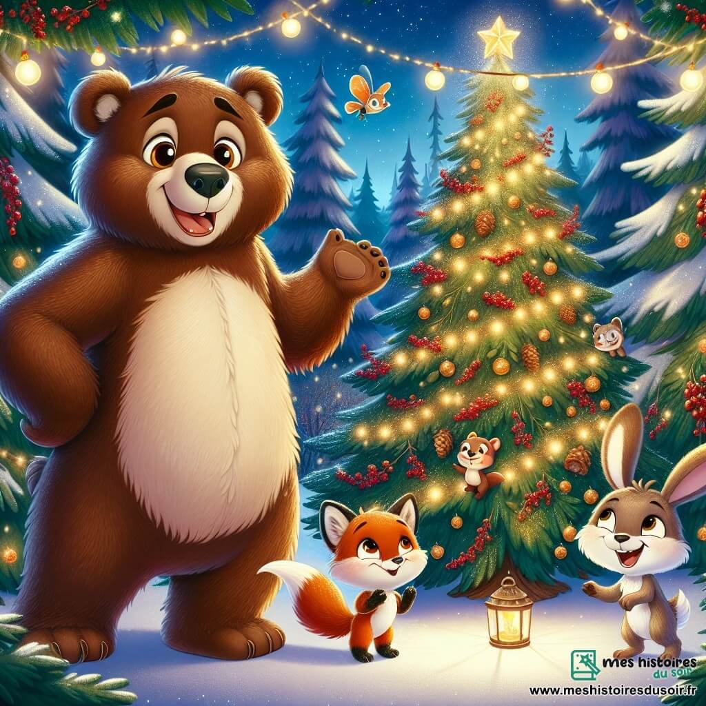 Un petit ours brun nommé Barnabé, avec un pelage doux et des yeux pétillants, se tient devant un sapin de Noël décoré de baies rouges et de pommes de pin dorées, souriant joyeusement. À ses côtés, une renarde espiègle nommée Rosalie admire le sapin, tandis qu'un petit lapin nommé Gustave danse autour, riant. La scène se déroule dans une forêt enchantée, illuminée par des lucioles, créant une atmosphère magique. Barnabé, Rosalie et Gustave célèbrent ensemble la magie de Noël, entourés de rires et d'amitié.