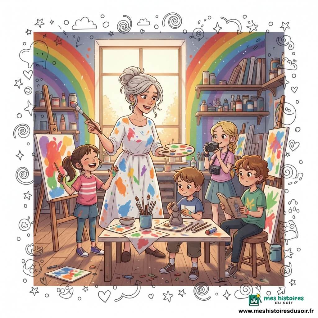 Une artiste souriante et bienveillante aux cheveux gris en chignon porte une robe tachée de peintures, tenant un large pinceau et une palette, entourée de quatre enfants : Clara (≈9 ans, queue de cheval, doigts peinturlurés) rit en peignant une grande toile à gauche, Thomas (≈10 ans, cheveux bouclés) esquisse des personnages dans un carnet à droite, Jules (≈8 ans, cheveux courts) modèle une petite sculpture en argile au centre, et Léa (≈11 ans, cheveux blonds tressés) photographie un coin lumineux de l'atelier. L'atelier est une grande pièce baignée de lumière dorée, murs en fresque arc‑en‑ciel, étagères de pots de peinture, toiles alignées, pinceaux en bocaux et plancher taché ; l'ambiance est joyeuse et créative avec mouvements, éclaboussures de peinture et petits doodles flottants.