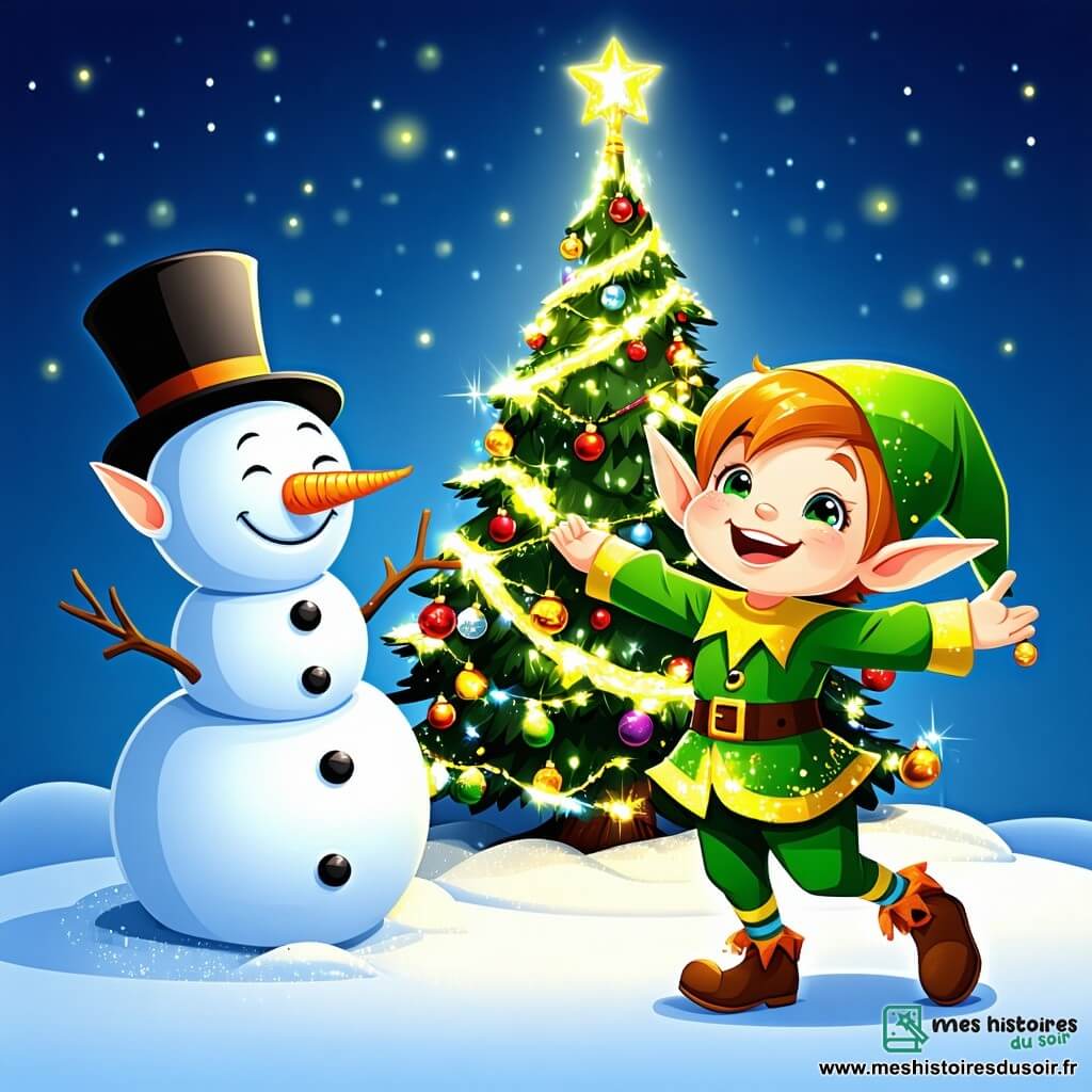 Un petit lutin nommé Luminou, avec de grandes oreilles pointues et un costume vert orné de paillettes dorées, danse joyeusement autour d'un sapin magique illuminé. À ses côtés, un bonhomme de neige avec un nez en carotte et un chapeau haut de forme lève les bras en riant, tandis qu'une petite souris grise grignote une noisette sur une branche. Flocon, un renard au pelage blanc, observe le sapin décoré de guirlandes brillantes sous les flocons de neige. La scène se déroule dans une forêt enchantée, où les amis chantent et dansent, célébrant la magie de Noël et l'esprit d'amitié, sous une étoile brillante.