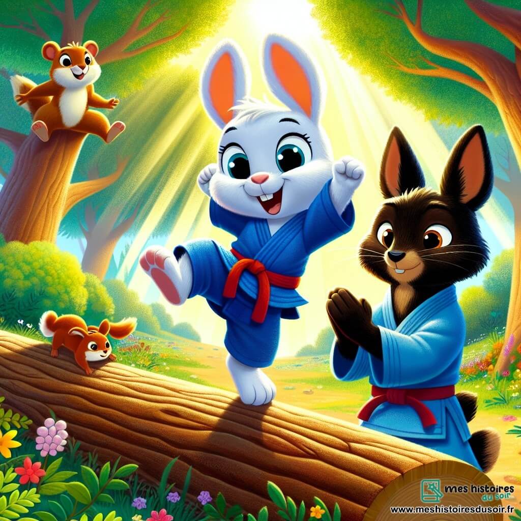 Un petit lapin blanc nommé Benjamin, en kimono de judo bleu, se tient au centre d'une clairière, prêt à sauter par-dessus un tronc d'arbre. À sa droite, Roger, un grand lapin noir, l'observe avec fierté, et à gauche, Lila, une petite écureuil rousse, saute de joie en l'encourageant. La clairière est baignée de lumière dorée, entourée d'arbres majestueux et de fleurs colorées. Benjamin s'élance courageusement pour sauter par-dessus le tronc, surmontant sa peur et réalisant son rêve de devenir champion de judo.