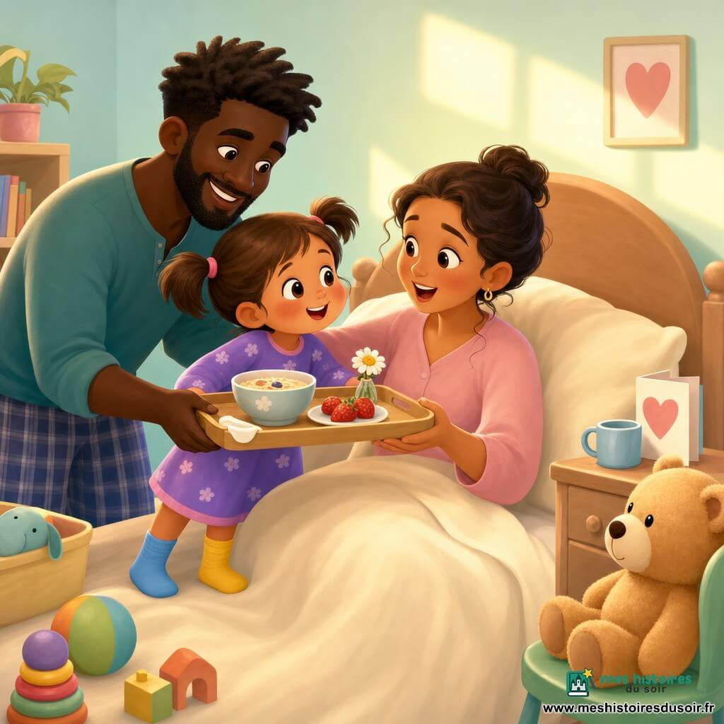 Une fillette de 4 ans aux cheveux bruns en couettes apporte un plateau de petit-déjeuner vers sa mère surprise et émue, serrée dans le lit pendant que le père tient la porte et aide à porter le plateau ; un ours en peluche sur une chaise observe la scène dans une chambre baignée de lumière matinale aux tons menthe et crème, ambiance douce, tendre et joyeuse, couleurs pastel et composition centrée pour les très jeunes enfants.