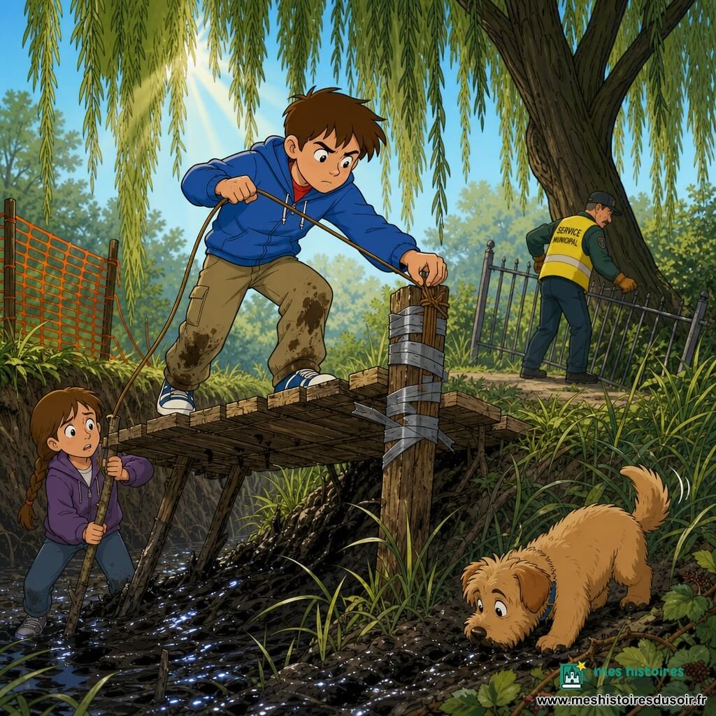 Gabin, 12 ans, visage concentré, avance prudemment sur une passerelle en planches qui grince; Lila, ~11 ans, tresse brune, inquiétude déterminée, soutient une grosse branche sous la passerelle comme béquille; Nougat, petit chien noisette, renifle la boue près des enfants; en arrière-plan un agent municipal en gilet jaune redresse un grillage; lieu : arrière d’un parc ancien avec grand saule, herbes hautes, fossé de boue noire et palissade orange; atmosphère d’entraide et d’aventure, tension douce, couleurs chaudes, style ligne claire, textures bois, boue et métal.