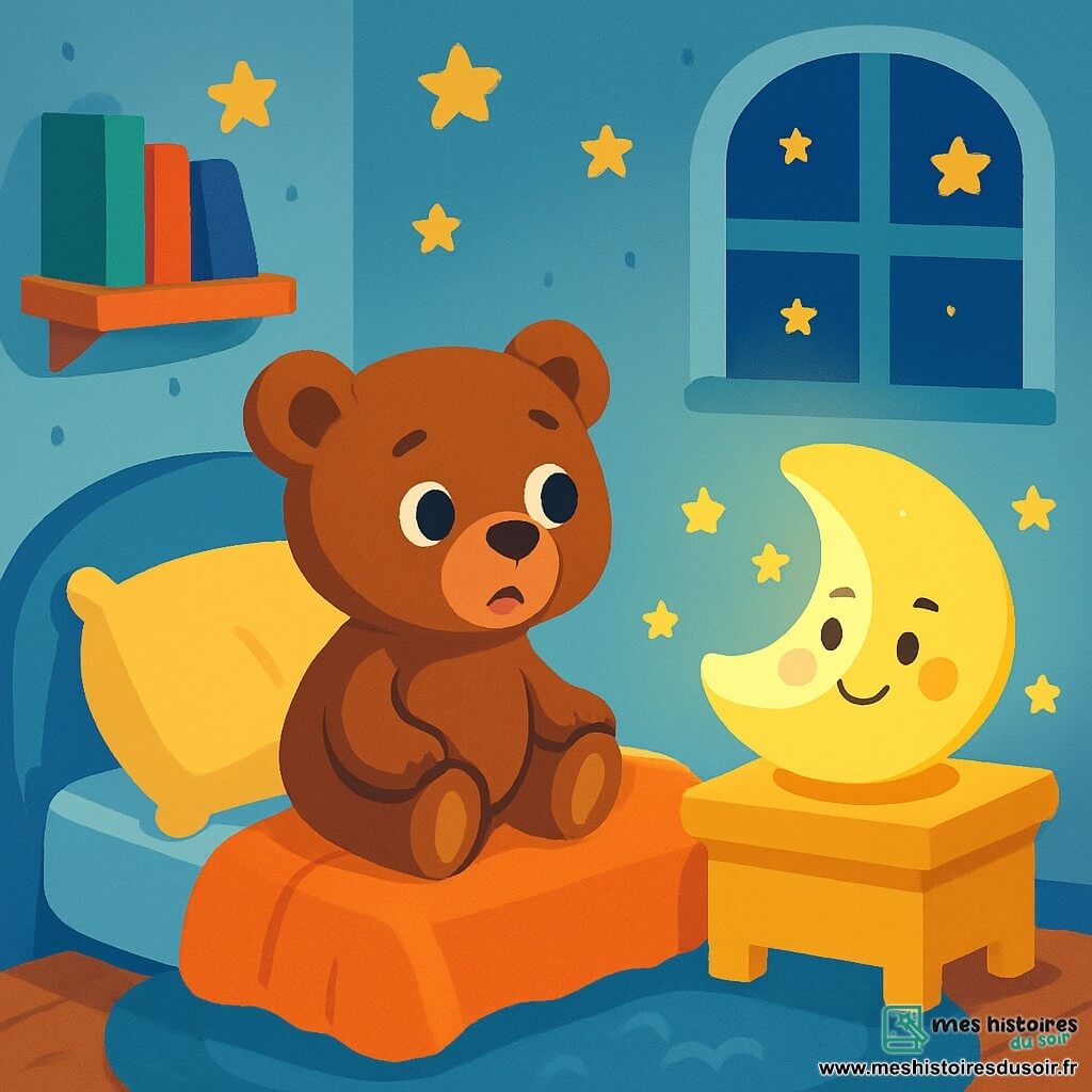 Un petit ours en peluche, Teddy, avec un pelage doux et brun, aux yeux ronds et brillants, se tient sur un lit douillet, l'air inquiet et curieux. À côté de lui, une veilleuse en forme de lune, Luna, rayonne d'une lumière douce, avec un visage souriant et des étoiles scintillantes. La chambre est petite et chaleureuse, avec des murs bleu pastel, des étoiles dorées au plafond, et un tapis moelleux. Des livres colorés sont sur une étagère, et une fenêtre laisse entrevoir des étoiles dans le ciel nocturne. Teddy écoute les bruits de la nuit, tandis que Luna éclaire les ombres.