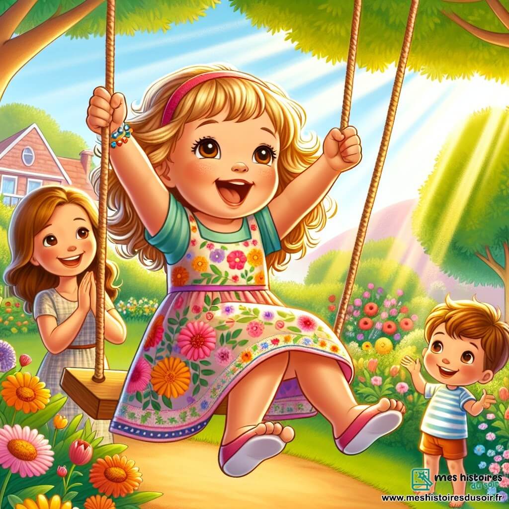 Lila, une petite fille de 4 ans aux cheveux bouclés et dorés, porte une robe colorée à fleurs et est assise sur une balançoire, le visage rayonnant de joie, les bras levés vers le ciel. Sa maman, une femme souriante d'une trentaine d'années avec des cheveux bruns, l'encourage en applaudissant. À côté, son petit frère Hugo, âgé de 2 ans avec des cheveux châtains, essaie de marcher en titubant, admirant sa sœur. Le jardin ensoleillé est rempli de fleurs colorées et d'autres enfants jouent. Lila surmonte sa peur et célèbre sa confiance, soutenue par sa famille.