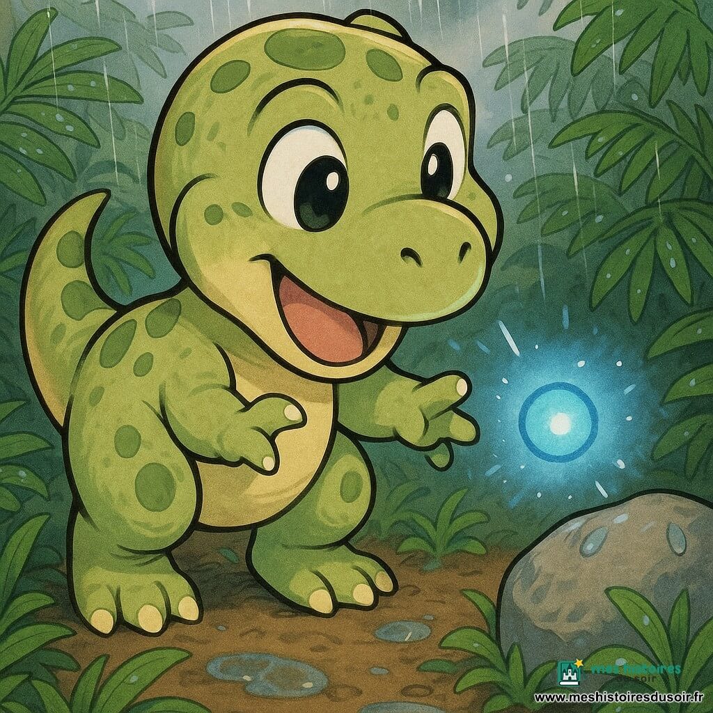 Timi, un petit Tyrannosaure Rex vert clair tacheté olive, aux yeux ronds, pattes potelées et bras courts, s'arrête, bouche ouverte et sourire timide, et tend la patte vers la Lueur-Guide — une petite boule de lumière bleue flottante près d'une pierre, avec halo et étincelles, qui pulse et l'invite; des fougères hautes effleurent ses pattes, le sol est brun et humide, la pierre grise couverte de gouttes, le ciel nuageux avec une pluie fine créant des reflets; ambiance douce, couleurs chaudes pour Timi et bleus lumineux pour la lueur, plan rapproché, expressions amicales.