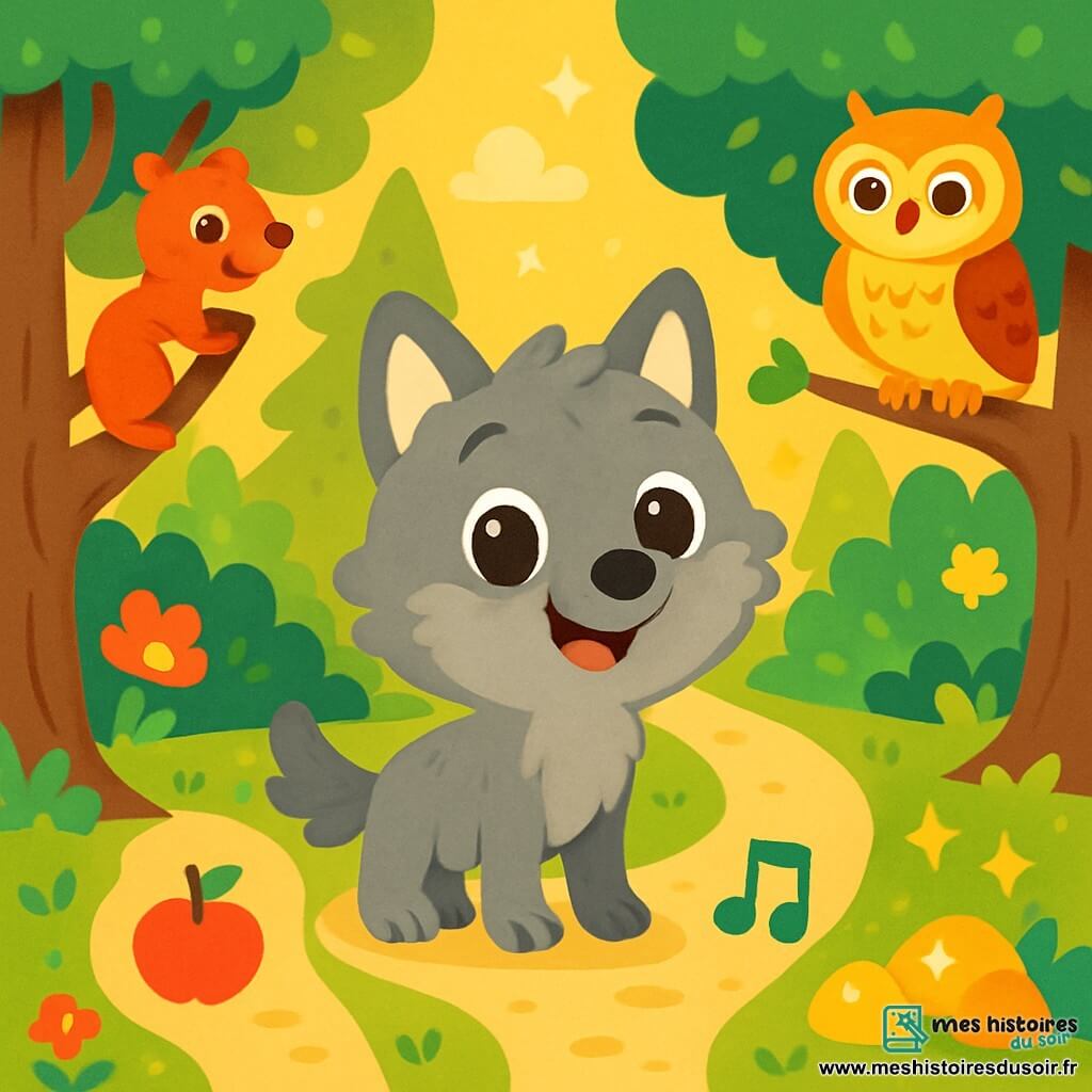 Un petit loup gris, curieux et émerveillé, se tient au centre d'une forêt enchantée. À sa droite, une chouette aux plumes dorées l'observe avec amusement. Derrière lui, un écureuil roux grimpe un tronc d'arbre, semblant vouloir lui montrer un secret. La forêt est magique, avec des arbres majestueux, des feuilles scintillantes et des fleurs colorées. Le loup se retrouve devant trois sentiers mystérieux : l'un sent la pomme, l'autre chante doucement, et le dernier brille de mille éclats. Il hésite sur le chemin à choisir pour commencer son aventure.