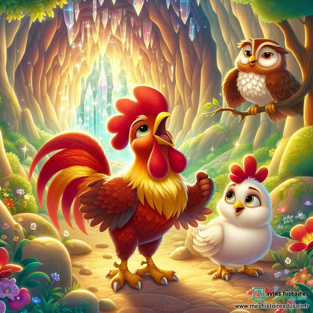 Un coq flamboyant nommé Gustave, avec un plumage rouge, or et chocolat, se tient fièrement au centre, affichant courage et détermination. Il chante avec enthousiasme, prêt à affronter l'inconnu. À ses côtés, Mademoiselle Poupette, une poule aux plumes blanches, le regarde avec admiration. Léonard, le sage hibou aux plumes brunes, est perché sur une branche, observant la scène avec bienveillance. La scène se déroule à l'entrée d'une grotte scintillante, entourée d'arbres majestueux et de fleurs colorées. La lumière du soleil illumine les cristaux à l'intérieur de la grotte, créant une atmosphère magique. Gustave et ses amis se tiennent devant la grotte, prêts à découvrir le trésor caché derrière un nu noir menaçant, symbolisant leur courage et leur amitié.