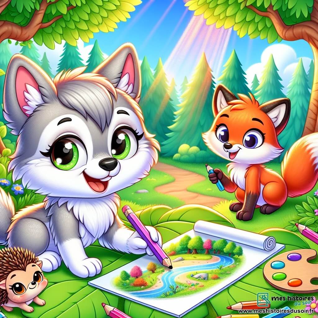 Léo, un petit loup au pelage gris clair et aux yeux curieux, est assis sur une grande feuille verte, souriant en dessinant sur une toile avec des crayons de couleur. À ses côtés, un renard rusé au pelage orange l'encourage, tenant une palette de peinture. Un hérisson timide, admiratif, observe Léo en retrait. La scène se déroule dans une clairière ensoleillée d'une forêt magique, entourée d'arbres majestueux et de fleurs colorées. Léo montre son talent artistique en réalisant un paysage de la forêt, illustrant l'apprentissage et la créativité à l'école.