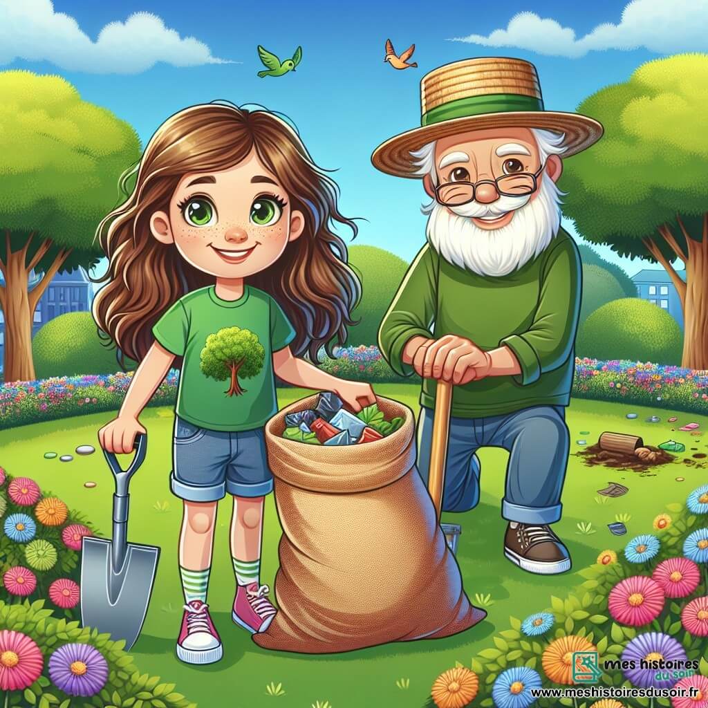 Une fille de 10 ans, avec de longs cheveux châtains et des yeux curieux, sourit en tenant un sac en toile rempli de déchets. Elle porte un t-shirt vert avec un motif d'arbre et un short en jean, entourée de fleurs colorées. À ses côtés, Henri, un homme de 70 ans avec un chapeau de paille et une barbe blanche, sourit en tenant une pelle, prêt à planter des fleurs. Le parc est verdoyant, avec des arbres, des buissons fleuris et un ciel bleu, où des oiseaux volent. La scène montre Camille et Henri nettoyant le parc pour préserver la beauté de la nature.