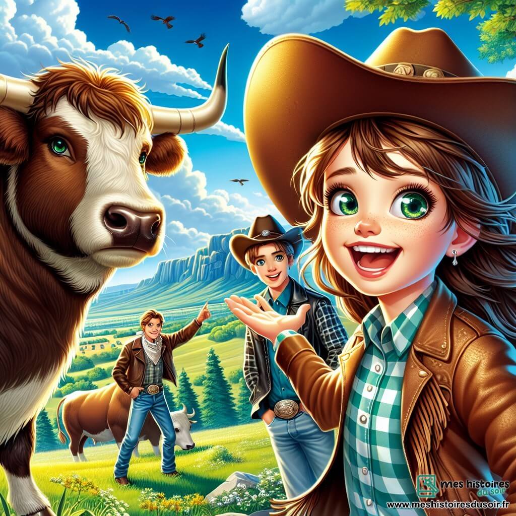 Au premier plan, Bella, une cow-girl de 12 ans, a de longs cheveux bruns, des yeux verts pétillants et un large sourire. Elle porte un chapeau de cow-boy, une chemise à carreaux et un jean, tendant la main vers un taureau majestueux. À côté, Jake, également âgé de 12 ans, avec un chapeau de cow-boy et des cheveux châtains, l'observe avec admiration, portant une veste en cuir et un bandana. Le décor est une colline verdoyante entourée d'arbres et d'un ciel bleu, avec des collines et des prairies en arrière-plan, créant une atmosphère d'aventure. Bella et Jake font face au taureau, symbolisant leur courage et leur détermination à découvrir un trésor caché tout en respectant la nature.
