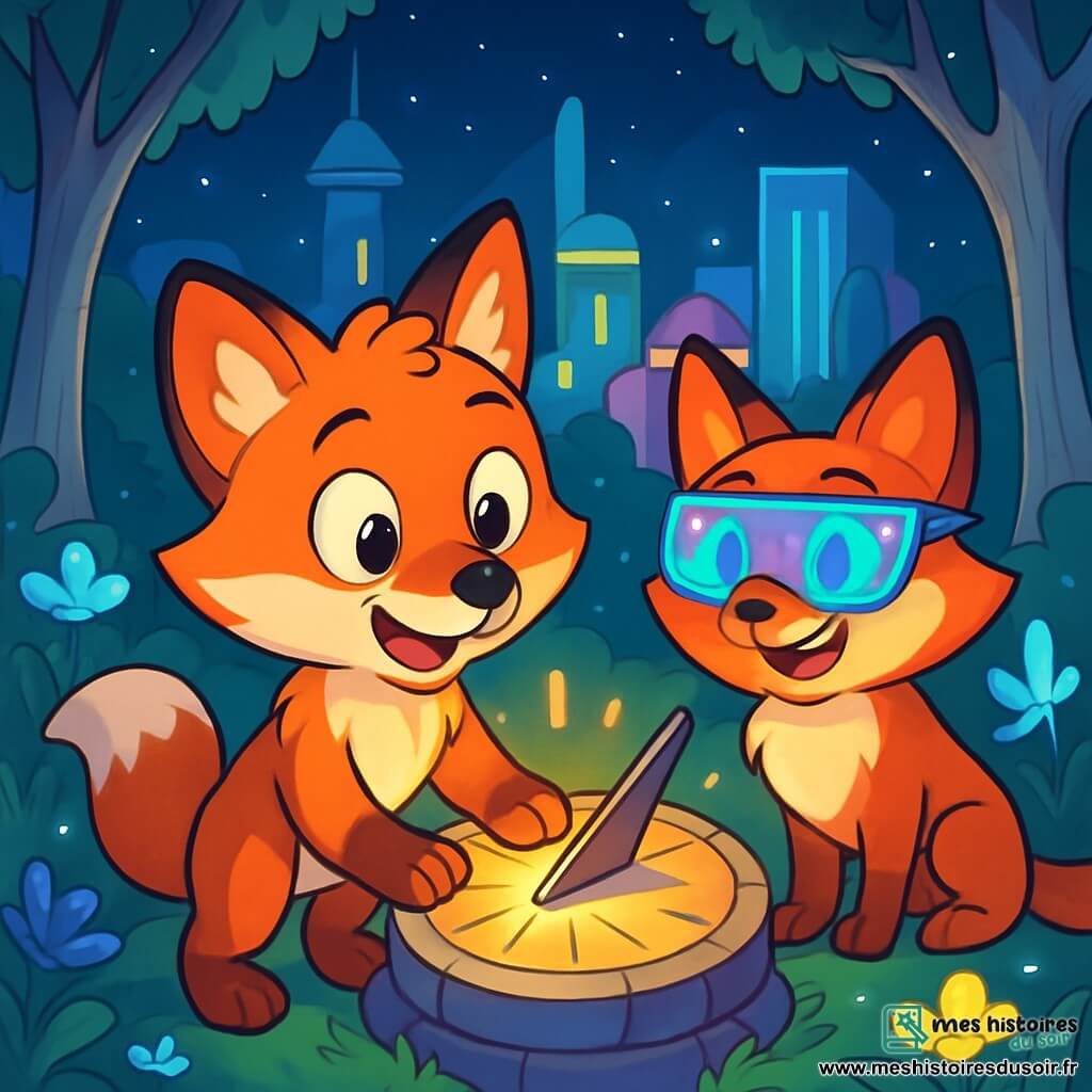 Un jeune renard nommé Félix, au pelage roux et aux yeux curieux, se tient dans une clairière futuriste, les oreilles dressées et le museau ouvert, exprimant l'émerveillement. À ses côtés, Mia, une renarde avec des lunettes holographiques, observe un cadran solaire ancien qui émet une douce lumière. La clairière est magique, entourée d'arbres argentés et de fleurs luminescentes, avec des bâtiments futuristes en arrière-plan. Félix pose sa patte sur le cadran solaire, déclenchant un éclat de lumière qui illumine son visage, tandis que Mia l'encourage, créant une atmosphère d'aventure.