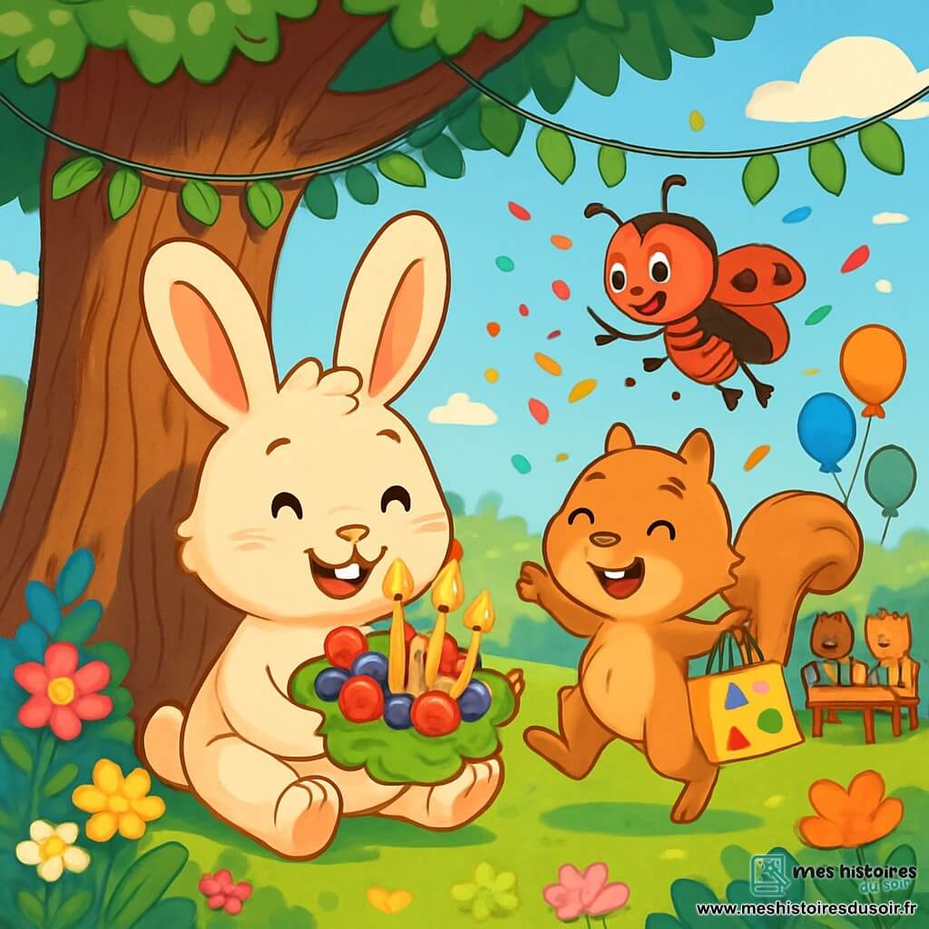 Plumie, un petit lapin aux grandes oreilles et au pelage doux, est assis sous un chêne, souriant et joyeux. Il tient un gâteau en forme de feuille décoré de fraises et de myrtilles avec des bougies allumées. À côté, Filou, un écureuil malicieux, saute de joie avec un sac de jeux colorés. Lila, une coccinelle aux ailes rouges, vole autour d'eux en agitant des confettis. Le jardin est rempli de fleurs éclatantes et de guirlandes de feuilles, sous un ciel bleu clair. Des amis animaux se rassemblent autour de tables, prêts à célébrer. La scène montre Plumie entouré de ses amis chantant joyeusement pour son anniversaire, avec des ballons et des rires dans l'air.