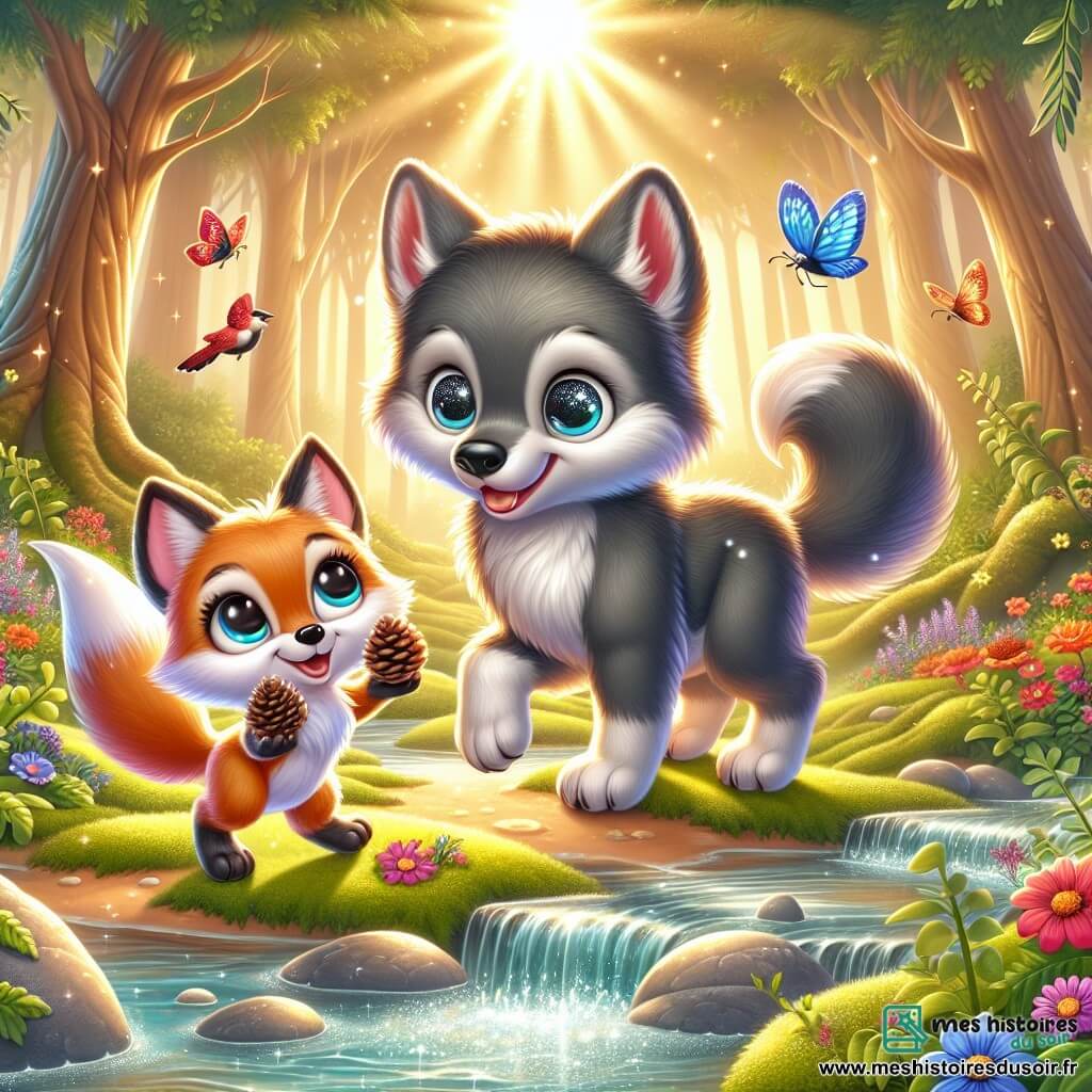 Illustration d'un petit loup gris aux grands yeux pétillants et à la fourrure douce, exprimant joie et curiosité en sautillant près d'un ruisseau scintillant, entouré de fleurs colorées. À ses côtés, un petit renard roux, avec une queue touffue et des oreilles pointues, jongle avec des pommes de pin, affichant un sourire radieux. La scène se déroule dans une forêt enchantée, baignée de lumière dorée, où le soleil filtre à travers les feuilles. Le sol est couvert de mousse verte et de petites fleurs sauvages, tandis qu'un ruisseau cristallin serpente doucement, créant une ambiance paisible. Les deux amis jouent ensemble, partageant rires et complicité, illustrant la beauté de leur amitié. Des papillons colorés, des oiseaux chantants et des pierres brillantes ajoutent une touche de magie à cette scène joyeuse.