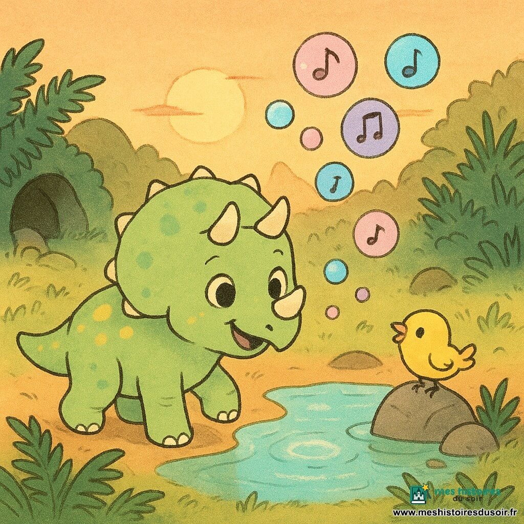 Petit tricératops joyeux et curieux aux trois cornes courtes et arrondies, peau vert pâle tachetée de jaune, yeux ronds et brillants et sourire doux, marche doucement une patte levée la tête tournée vers une mare scintillante avec une expression émerveillée; de petites bulles lumineuses musicales pastel (rose, bleu, violet) avec des notes flottent au-dessus de la mare; à droite, un minuscule oiseau-dinosaure aux plumes jaunes perché sur une pierre gazouille en regardant les bulles; décor : grande plaine au lever de soleil orangé, hautes fougères vert foncé, quelques rochers ronds et une petite grotte sombre à gauche en arrière-plan; situation : le tricératops hésite à un embranchement entre fougères, grotte et mare qui émet une musique magique attirant son regard.